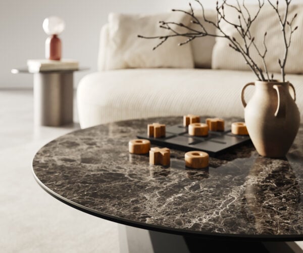 Konferenční stolek Edge kulatý 90x90 cm keramika Laminam® Emperador Extra Lucidato tmavě hnědá Parabi kov černá - Obrázek 4