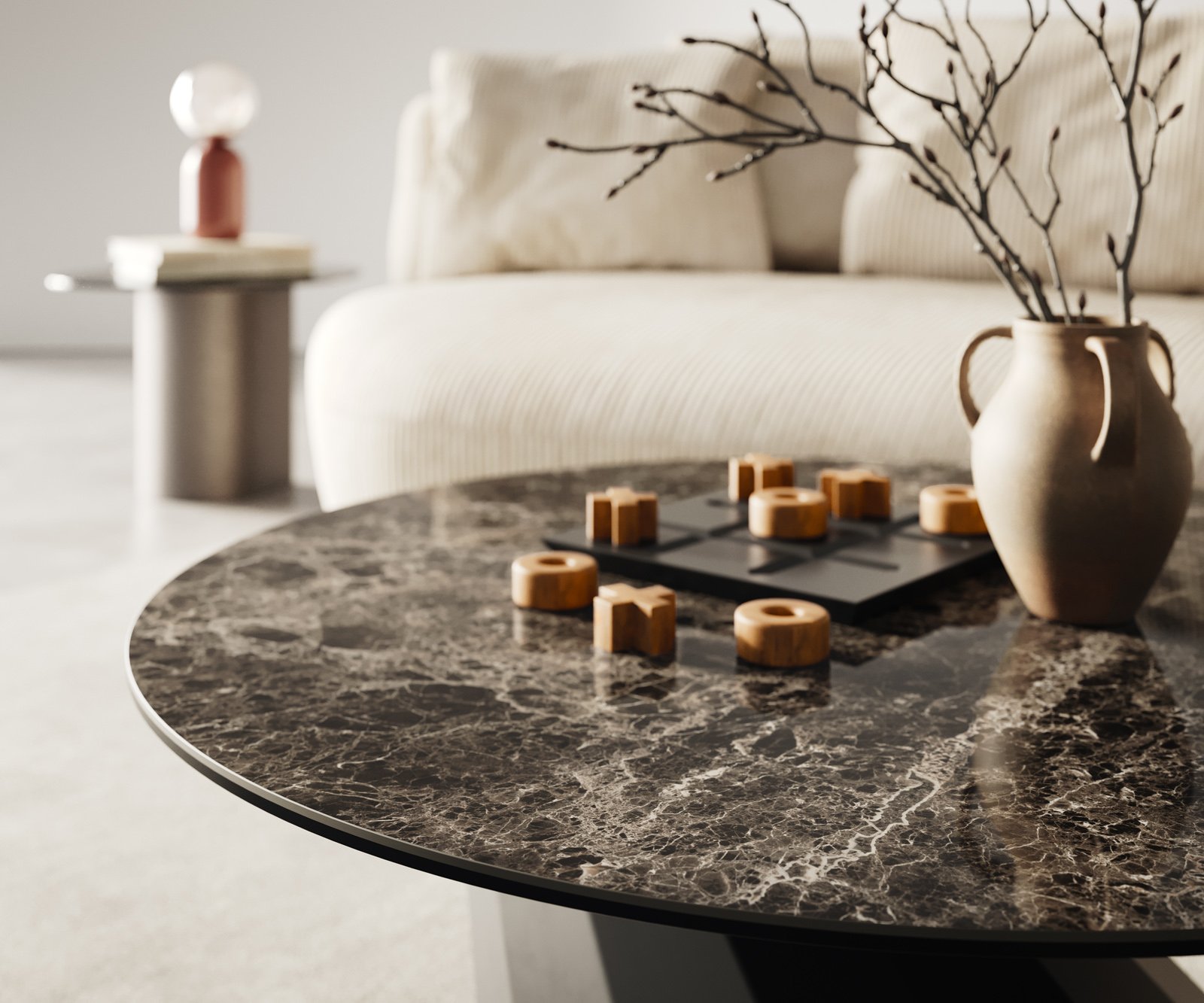 Konferenční stolek Edge kulatý 90x90 cm keramika Laminam® Emperador Extra Lucidato tmavě hnědá Parabi kov černá - Obrázek 4
