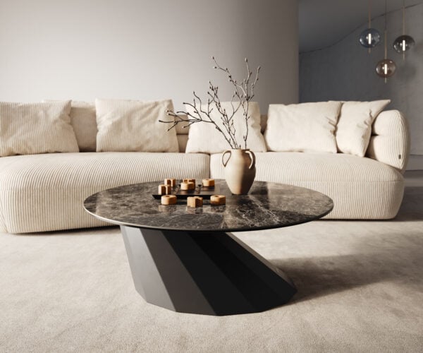 Konferenční stolek Edge kulatý 90x90 cm keramika Laminam® Emperador Extra Lucidato tmavě hnědá Parabi kov černá - Obrázek 6