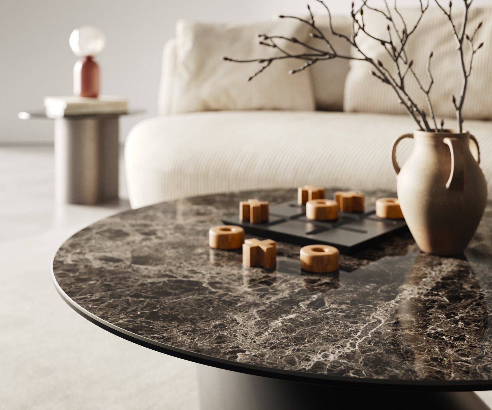 Konferenční stolek Edge kulatý 90x90 cm keramika Laminam® Emperador Extra Lucidato tmavě hnědá kuželová kov černá - Obrázek 4