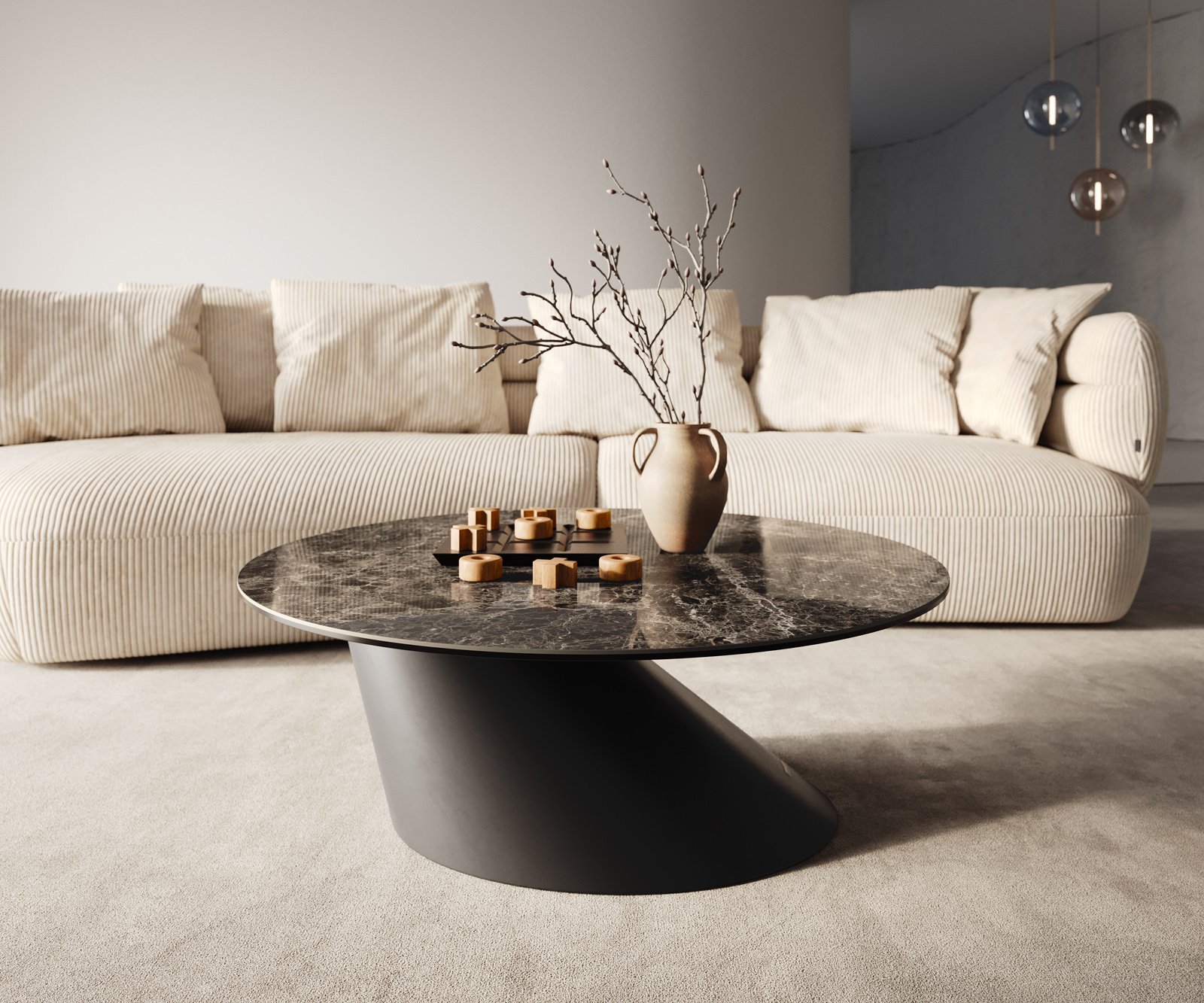 Konferenční stolek Edge kulatý 90x90 cm keramika Laminam® Emperador Extra Lucidato tmavě hnědá kuželová kov černá - Obrázek 6