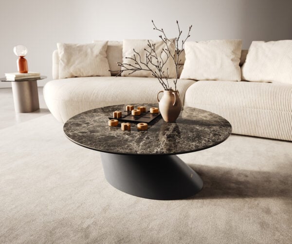 Konferenční stolek Edge kulatý 90x90 cm keramika Laminam® Emperador Extra Lucidato tmavě hnědá kuželová kov černá