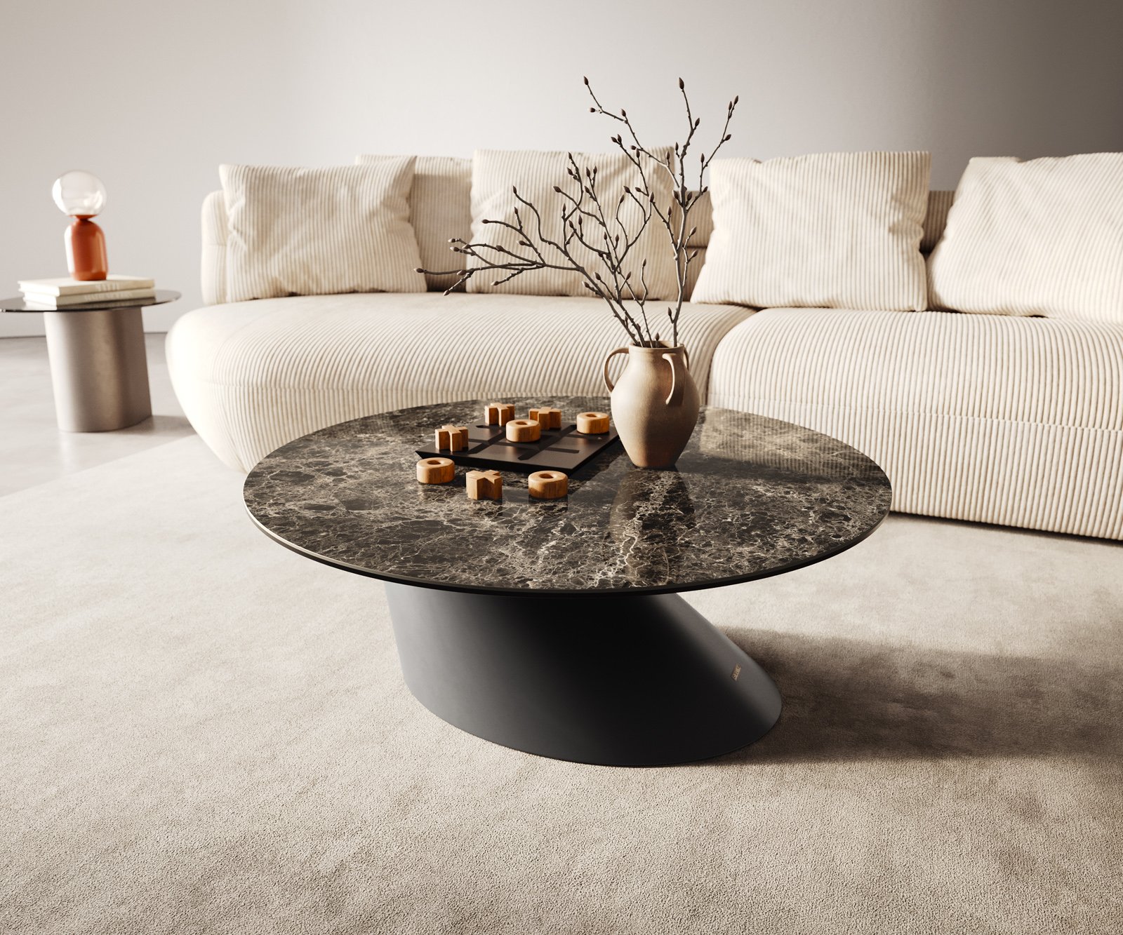 Konferenční stolek Edge kulatý 90x90 cm keramika Laminam® Emperador Extra Lucidato tmavě hnědá kuželová kov černá
