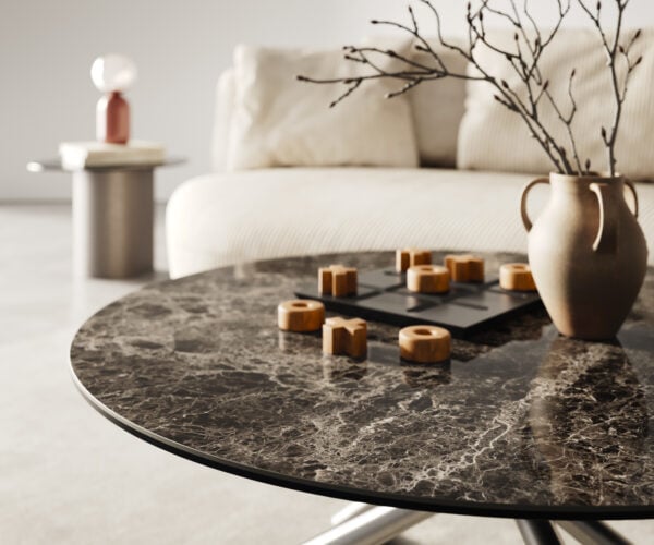 Konferenční stolek Edge kulatý 90x90 cm keramika Laminam® Emperador Extra Lucidato tmavě hnědá Sarity nerezová ocel broušená - Obrázek 4