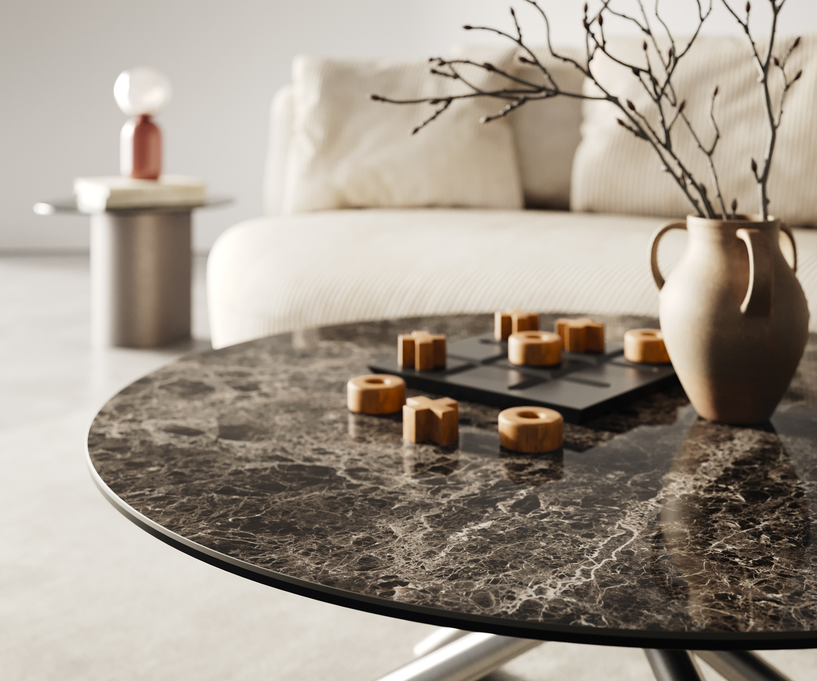 Konferenční stolek Edge kulatý 90x90 cm keramika Laminam® Emperador Extra Lucidato tmavě hnědá Sarity nerezová ocel broušená - Obrázek 4