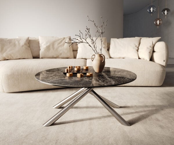 Konferenční stolek Edge kulatý 90x90 cm keramika Laminam® Emperador Extra Lucidato tmavě hnědá Sarity nerezová ocel broušená - Obrázek 6