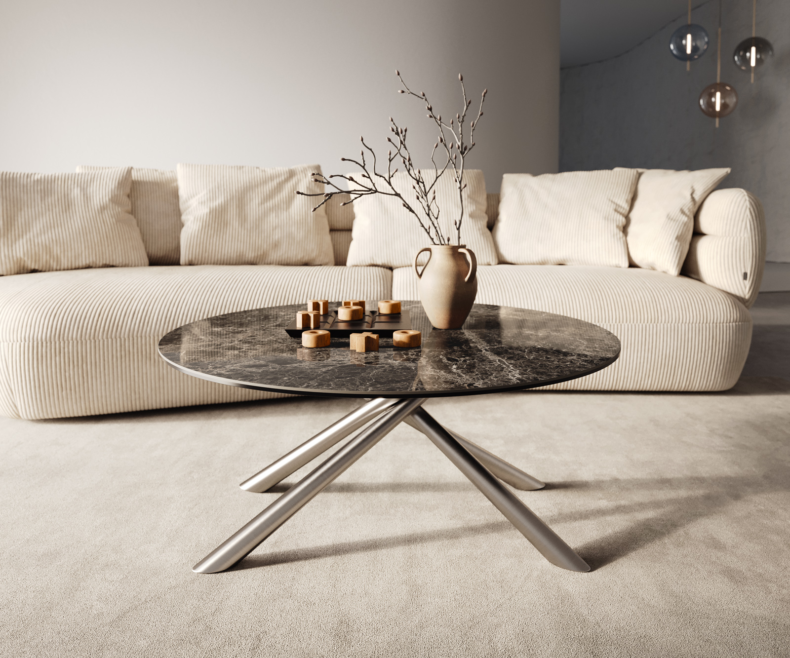 Konferenční stolek Edge kulatý 90x90 cm keramika Laminam® Emperador Extra Lucidato tmavě hnědá Sarity nerezová ocel broušená - Obrázek 6