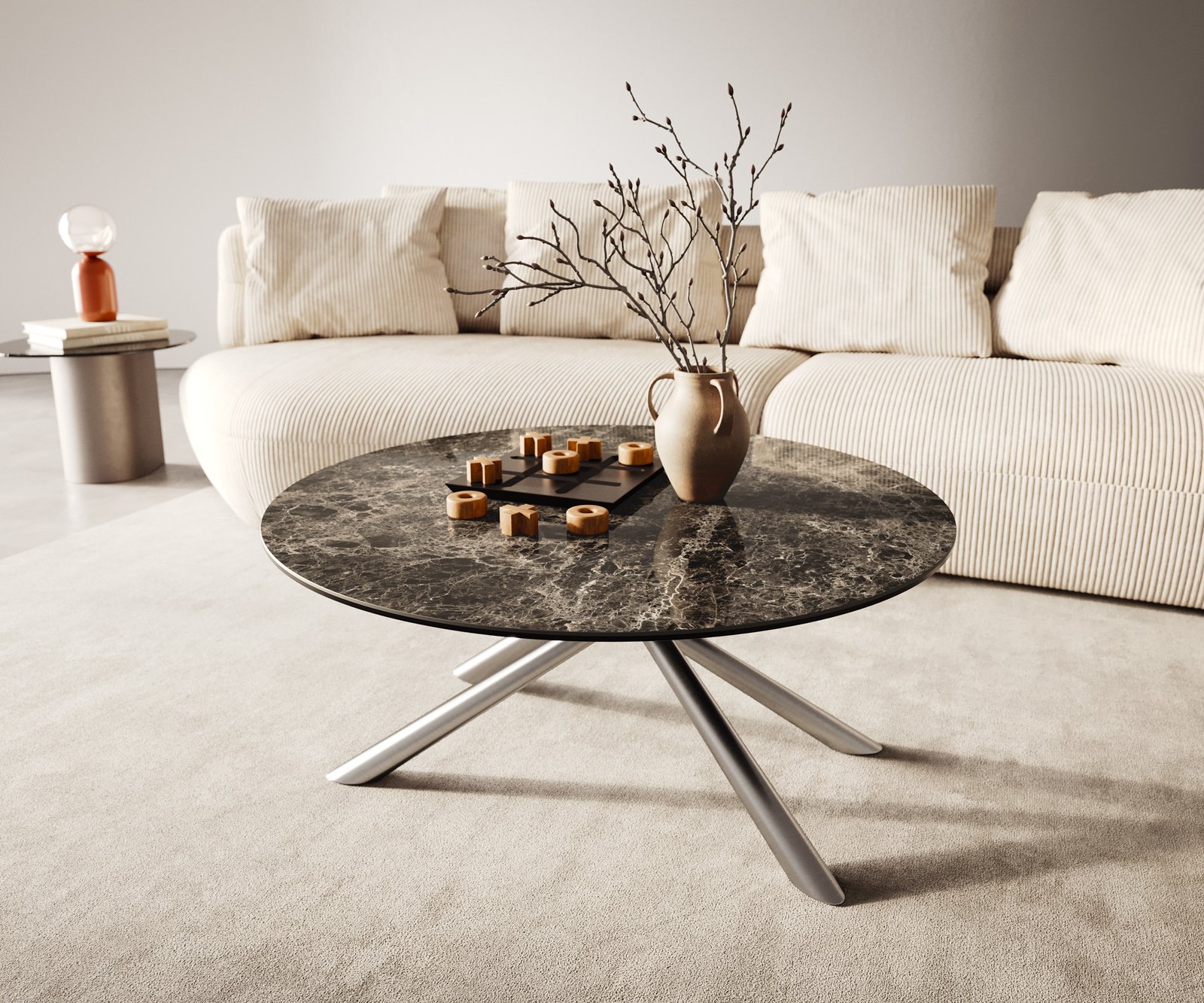 Konferenční stolek Edge kulatý 90x90 cm keramika Laminam® Emperador Extra Lucidato tmavě hnědá Sarity nerezová ocel broušená