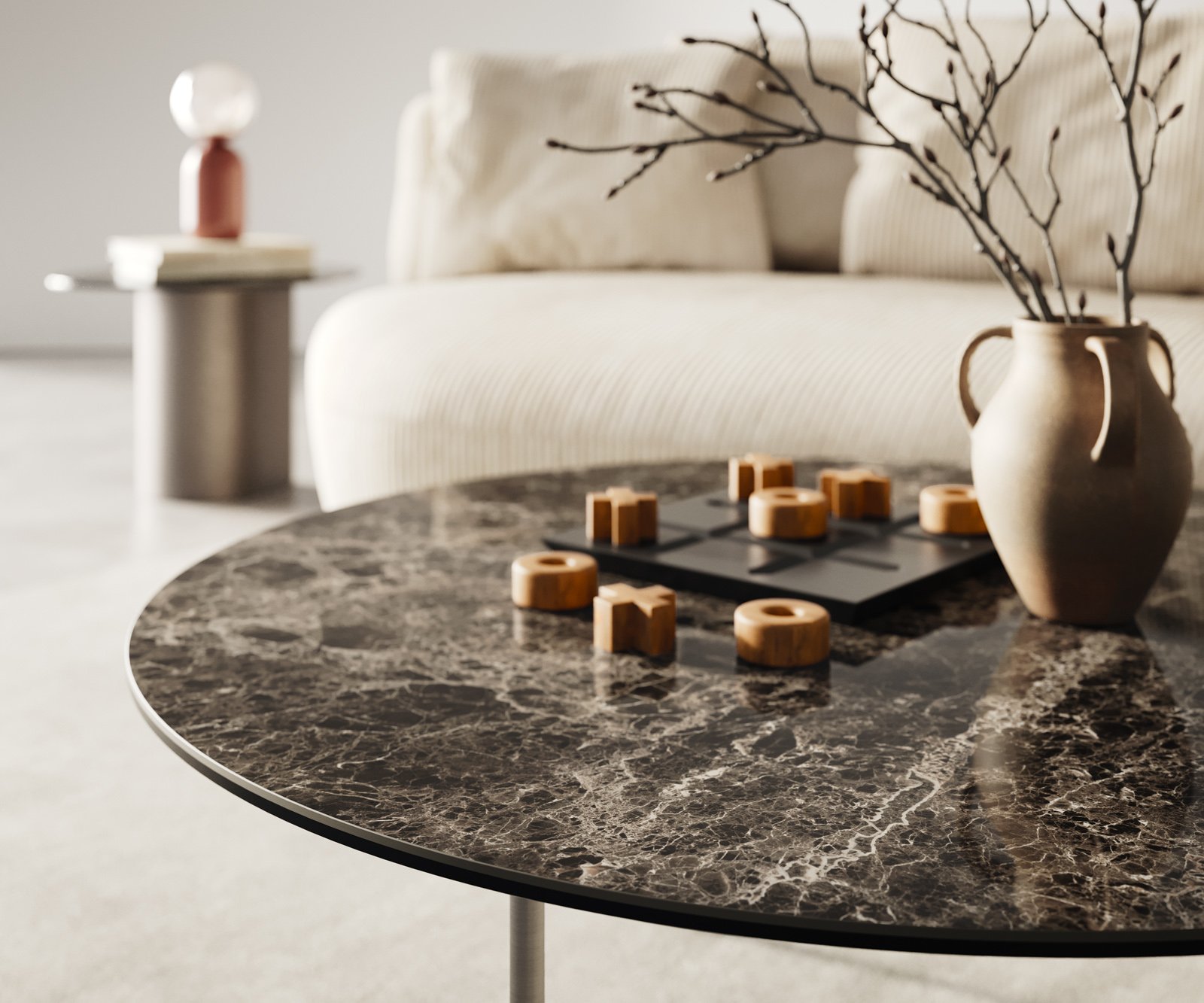Konferenční stolek Edge kulatý 90x90 cm keramika Laminam® Emperador Extra Lucidato tmavě hnědá Trive nerezová ocel broušená - Obrázek 6