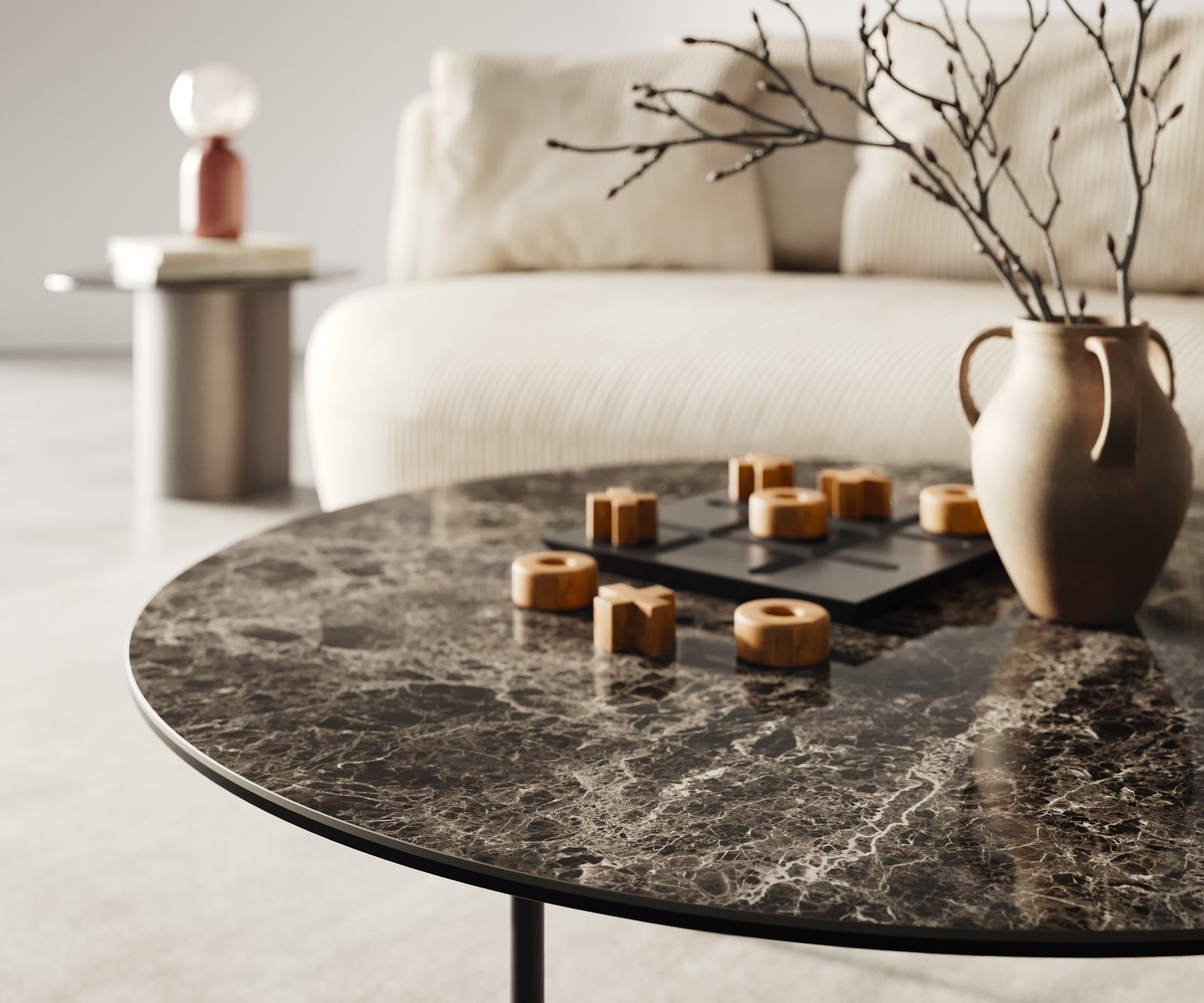 Konferenční stolek Edge kulatý 90x90 cm keramika Laminam® Emperador Extra Lucidato tmavě hnědá Trive kov černá - Obrázek 6