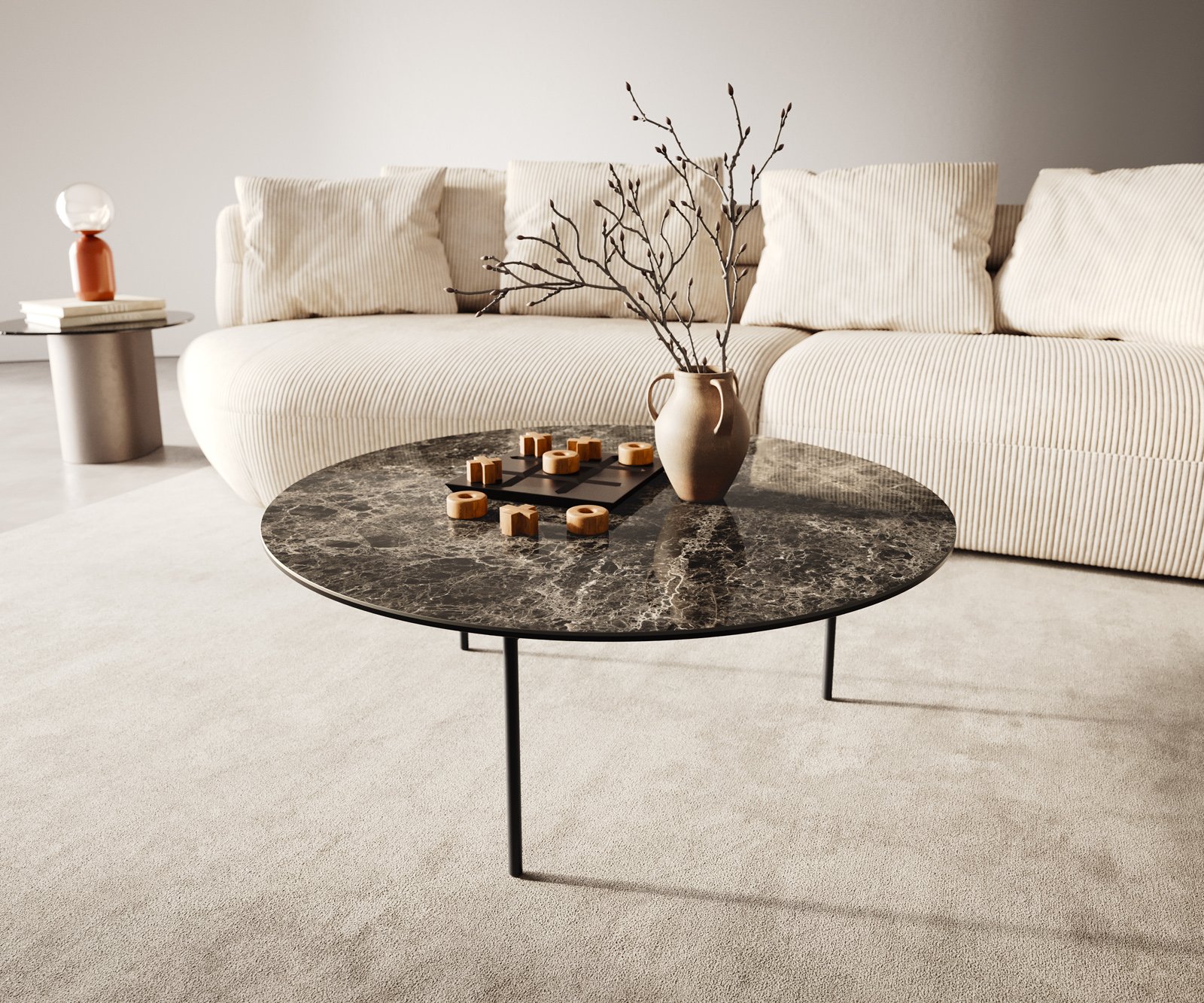 Konferenční stolek Edge kulatý 90x90 cm keramika Laminam® Emperador Extra Lucidato tmavě hnědá Trive kov černá