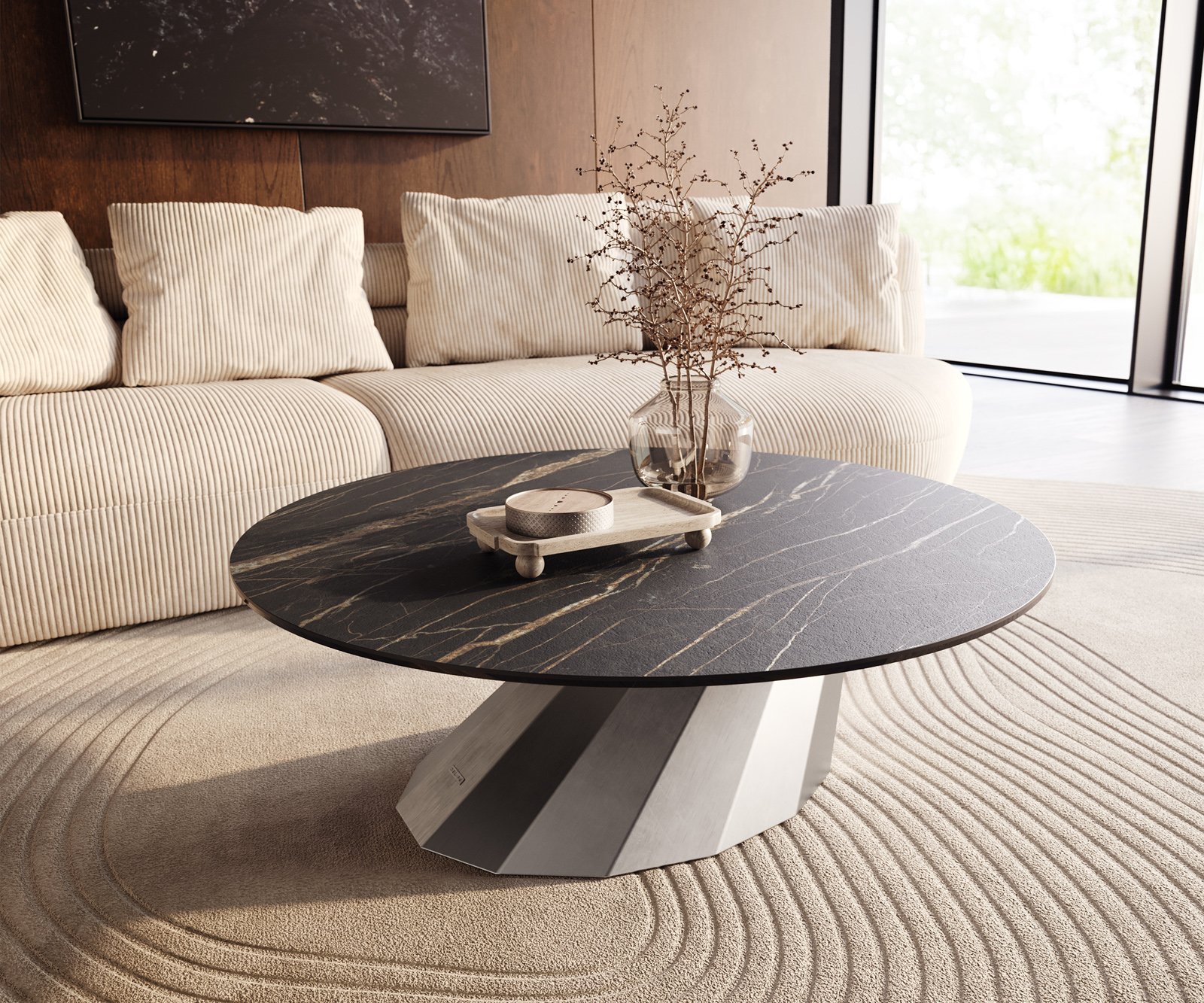 Konferenční stolek Edge kulatý 100x100 cm keramika Laminam® Noir Desir hnědá Parabi nerezová ocel broušená