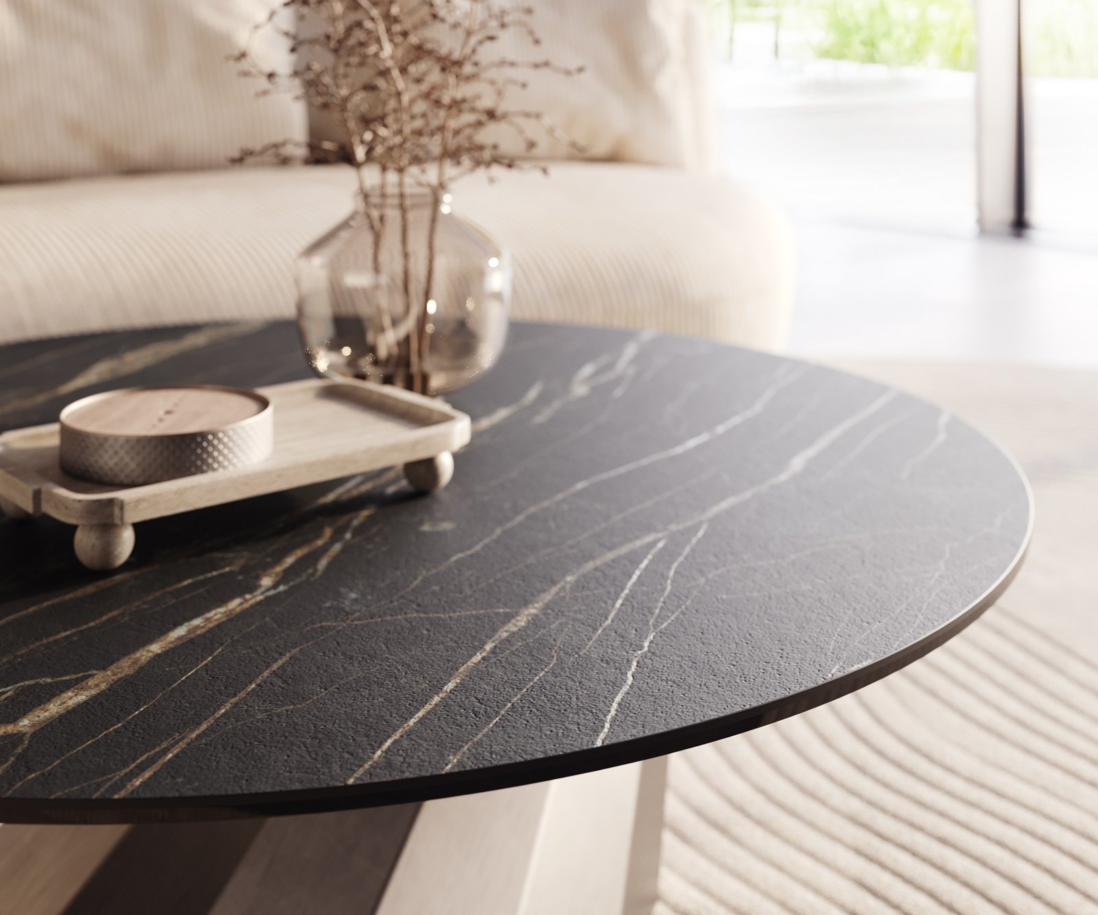 Konferenční stolek Edge kulatý 100x100 cm keramika Laminam® Noir Desir hnědá Parabi nerezová ocel broušená - Obrázek 4