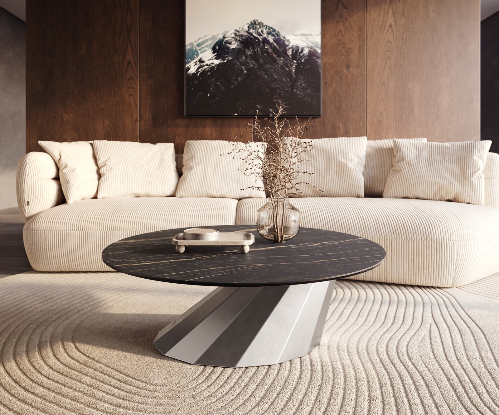 Konferenční stolek Edge kulatý 100x100 cm keramika Laminam® Noir Desir hnědá Parabi nerezová ocel broušená - Obrázek 6