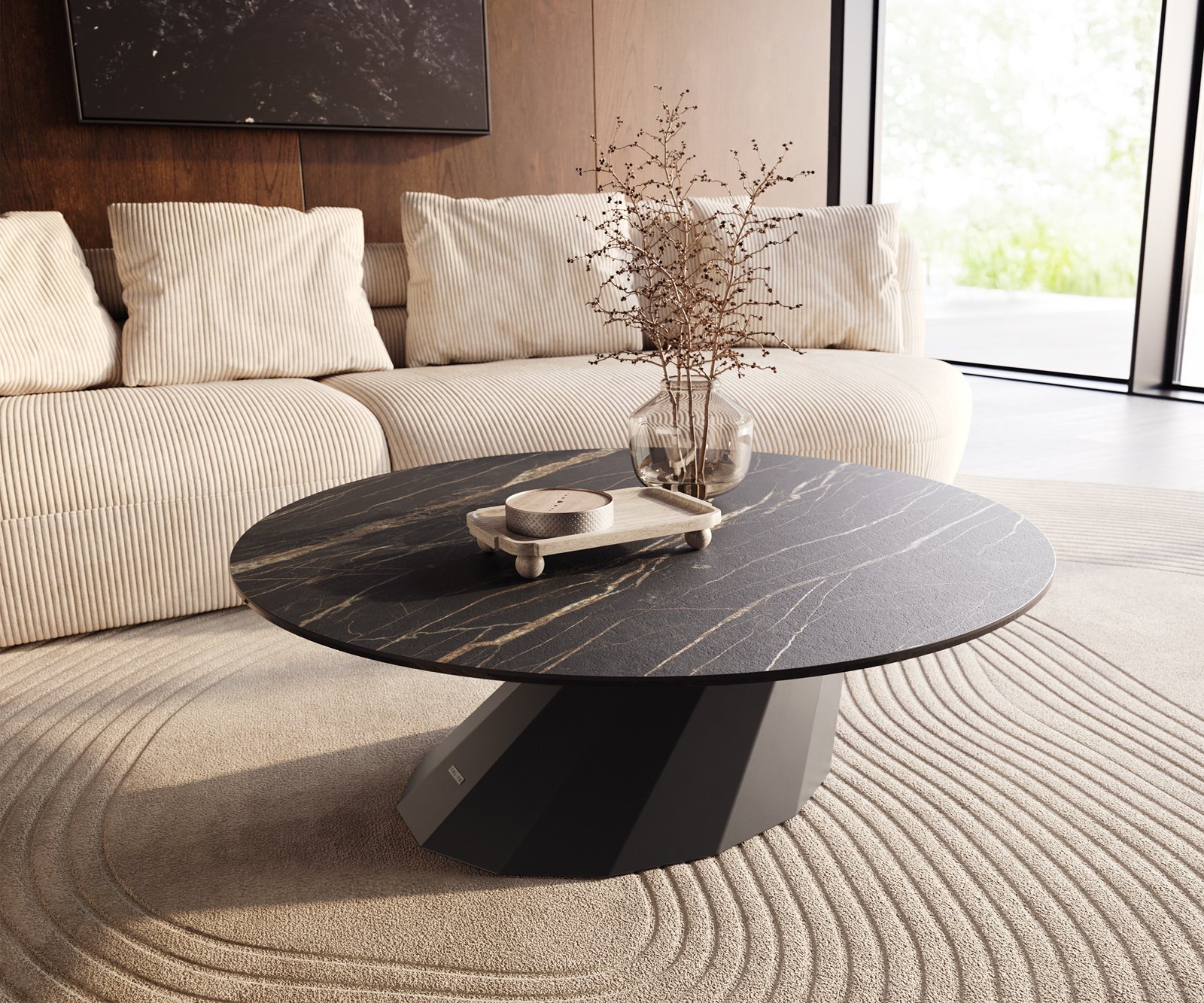 Konferenční stolek Edge kulatý 100x100 cm keramika Laminam® Noir Desir hnědá Parabi kov černá