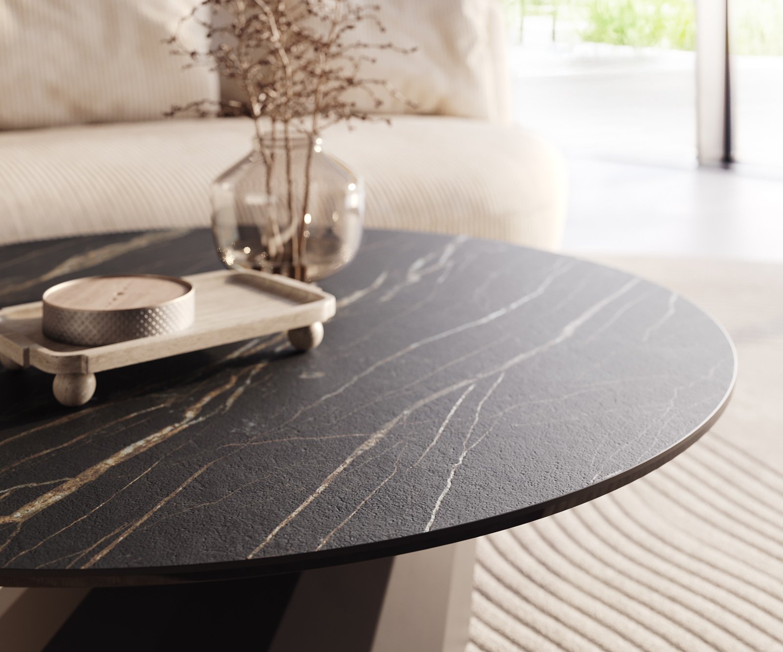 Konferenční stolek Edge kulatý 100x100 cm keramika Laminam® Noir Desir hnědá Parabi kov černá - Obrázek 4