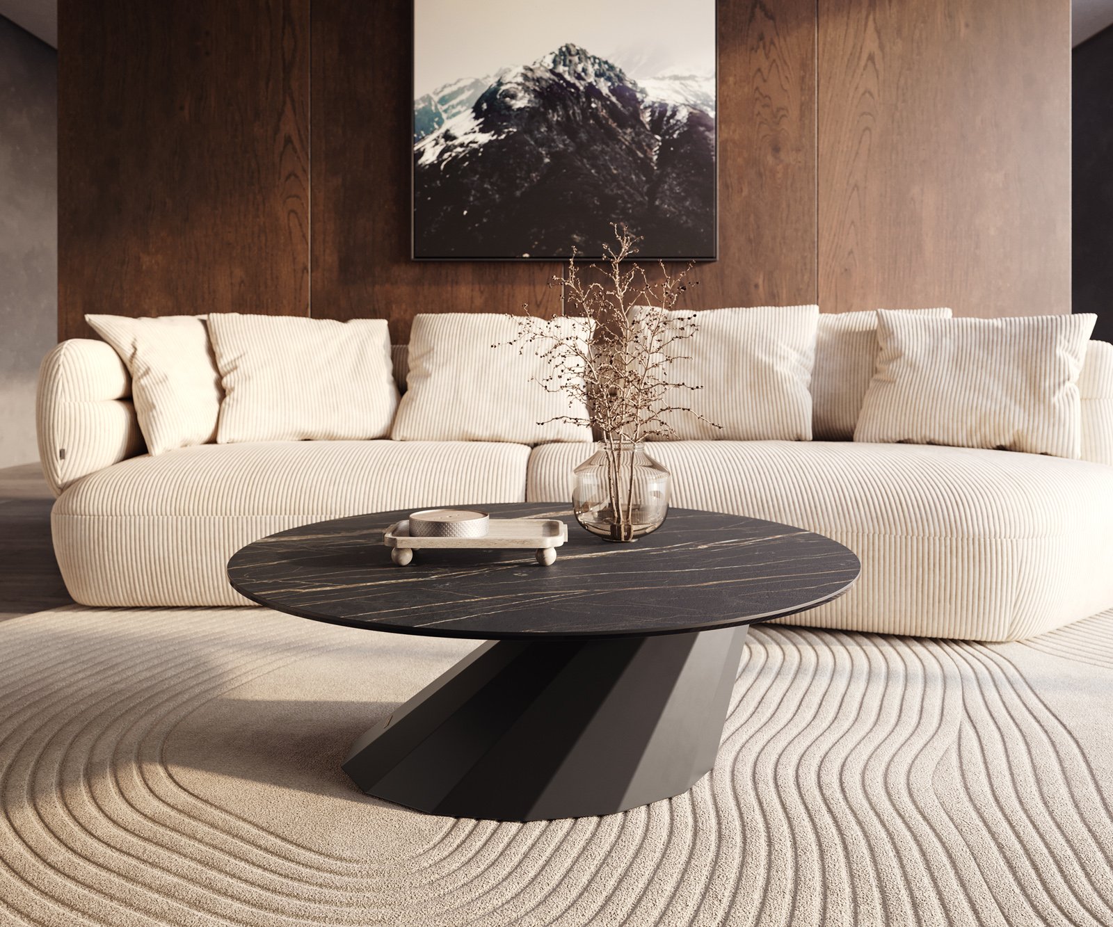 Konferenční stolek Edge kulatý 100x100 cm keramika Laminam® Noir Desir hnědá Parabi kov černá - Obrázek 6