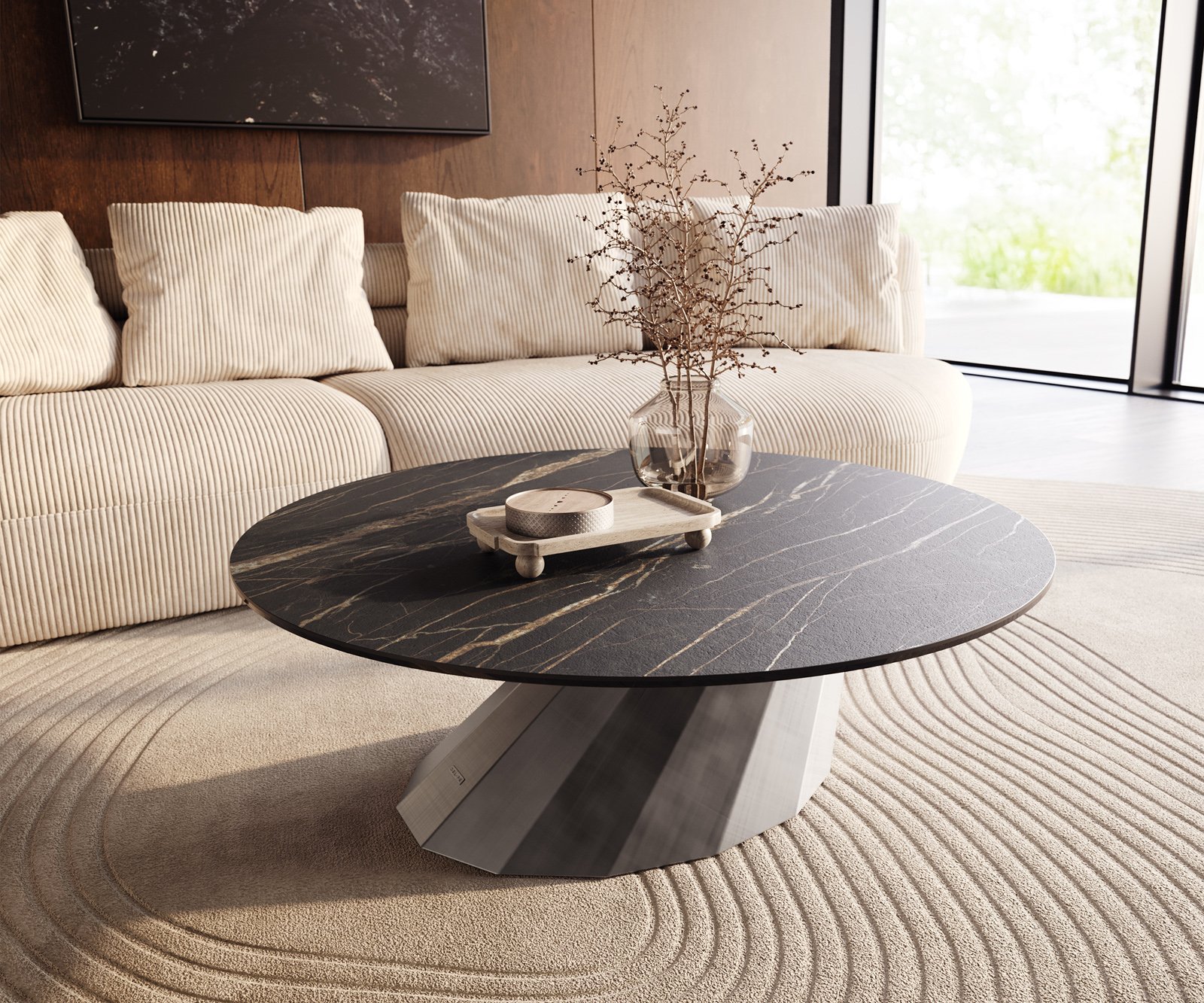 Konferenční stolek Edge kulatý 100x100 cm keramika Laminam® Noir Desir hnědá Parabi kovová stříbrná