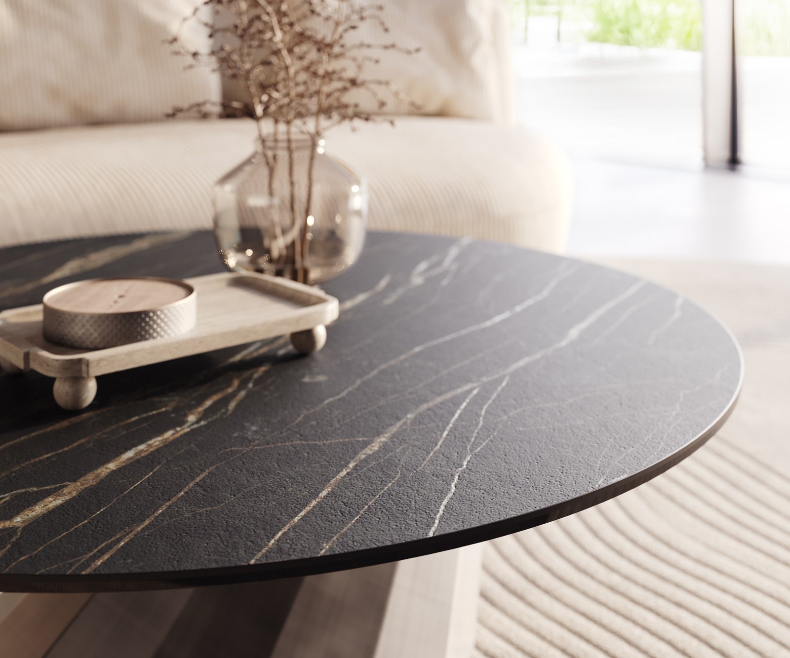 Konferenční stolek Edge kulatý 100x100 cm keramika Laminam® Noir Desir hnědá Parabi kovová stříbrná - Obrázek 4
