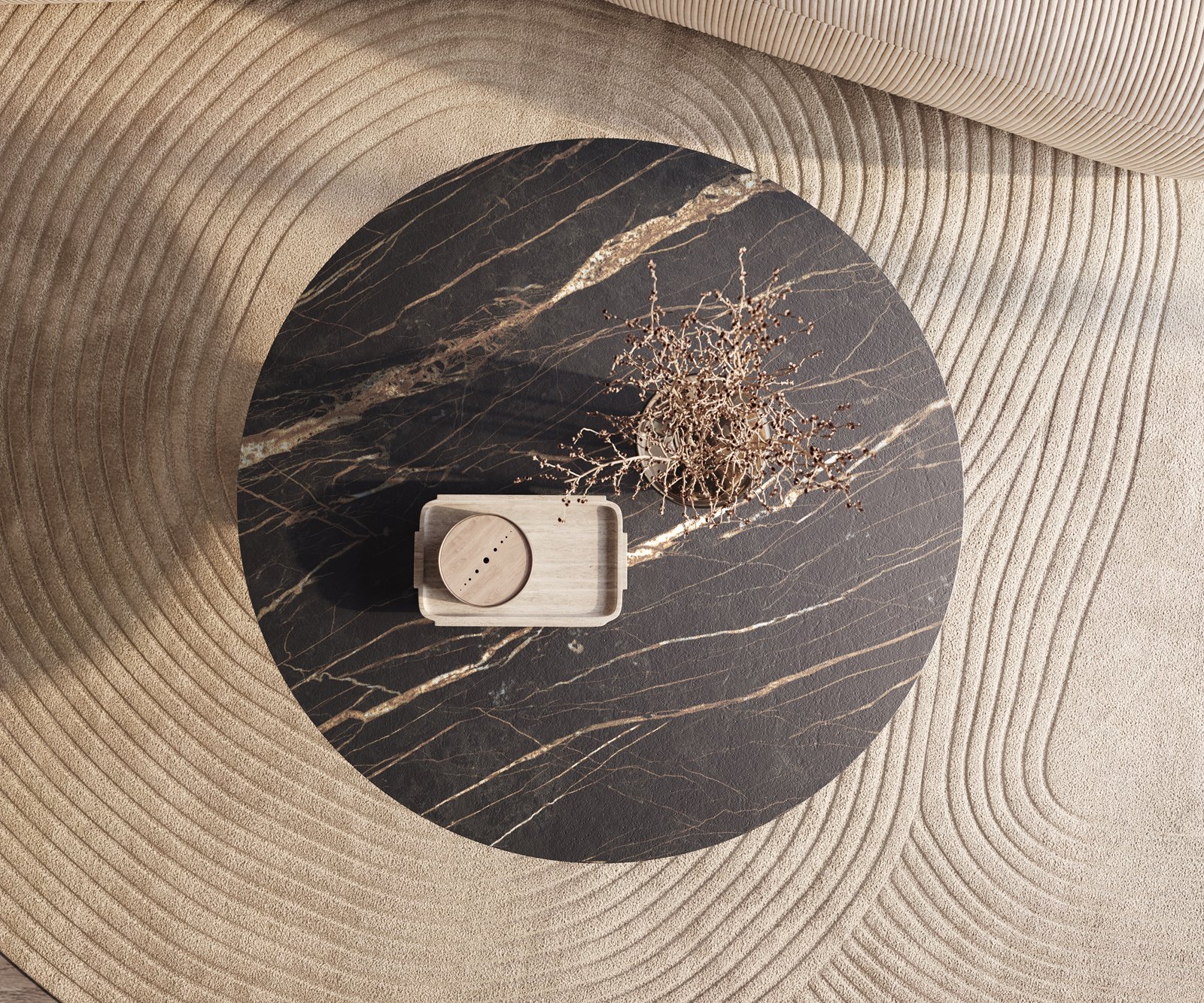 Konferenční stolek Edge kulatý 100x100 cm keramika Laminam® Noir Desir hnědá Parabi kovová stříbrná - Obrázek 2