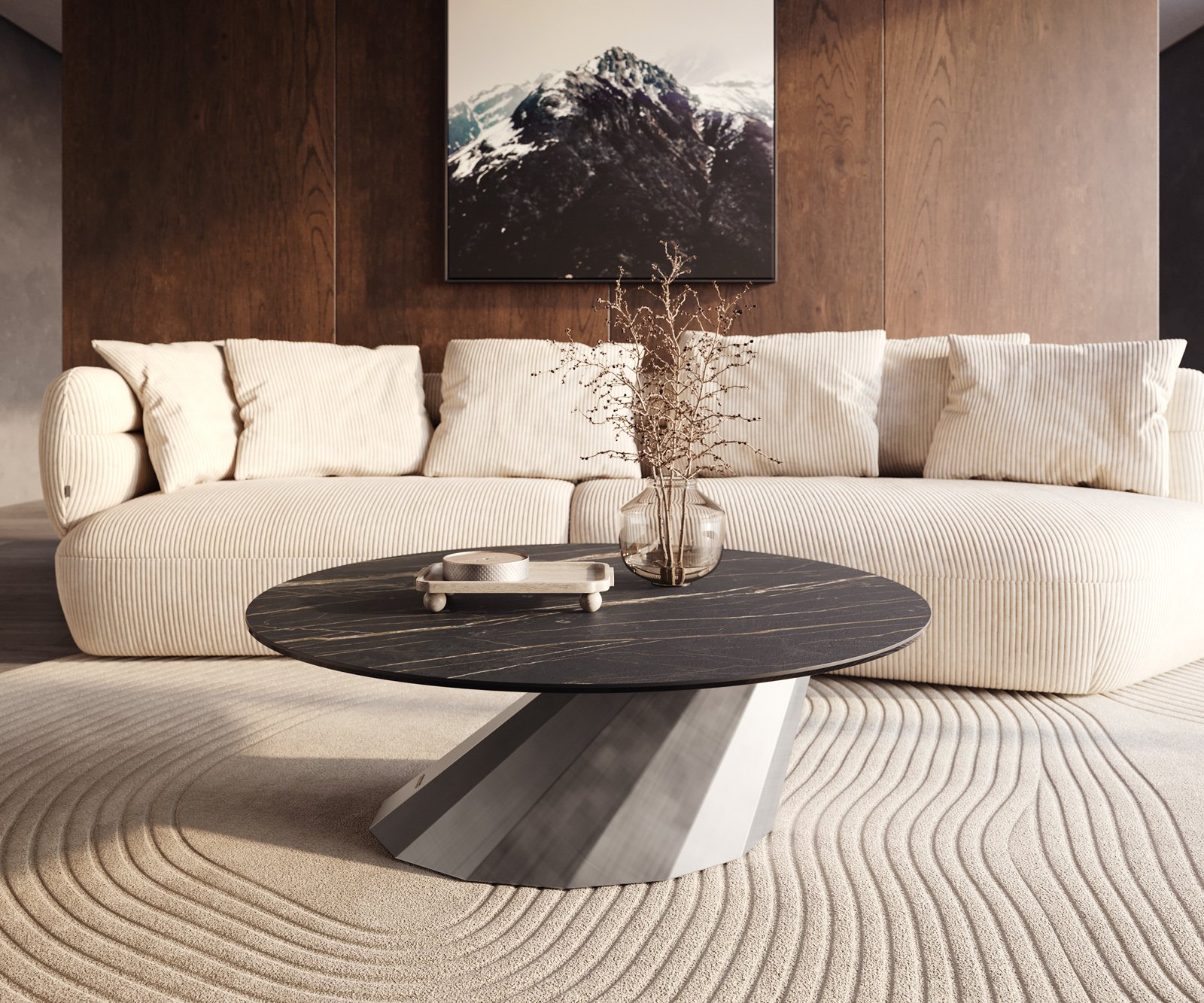 Konferenční stolek Edge kulatý 100x100 cm keramika Laminam® Noir Desir hnědá Parabi kovová stříbrná - Obrázek 6