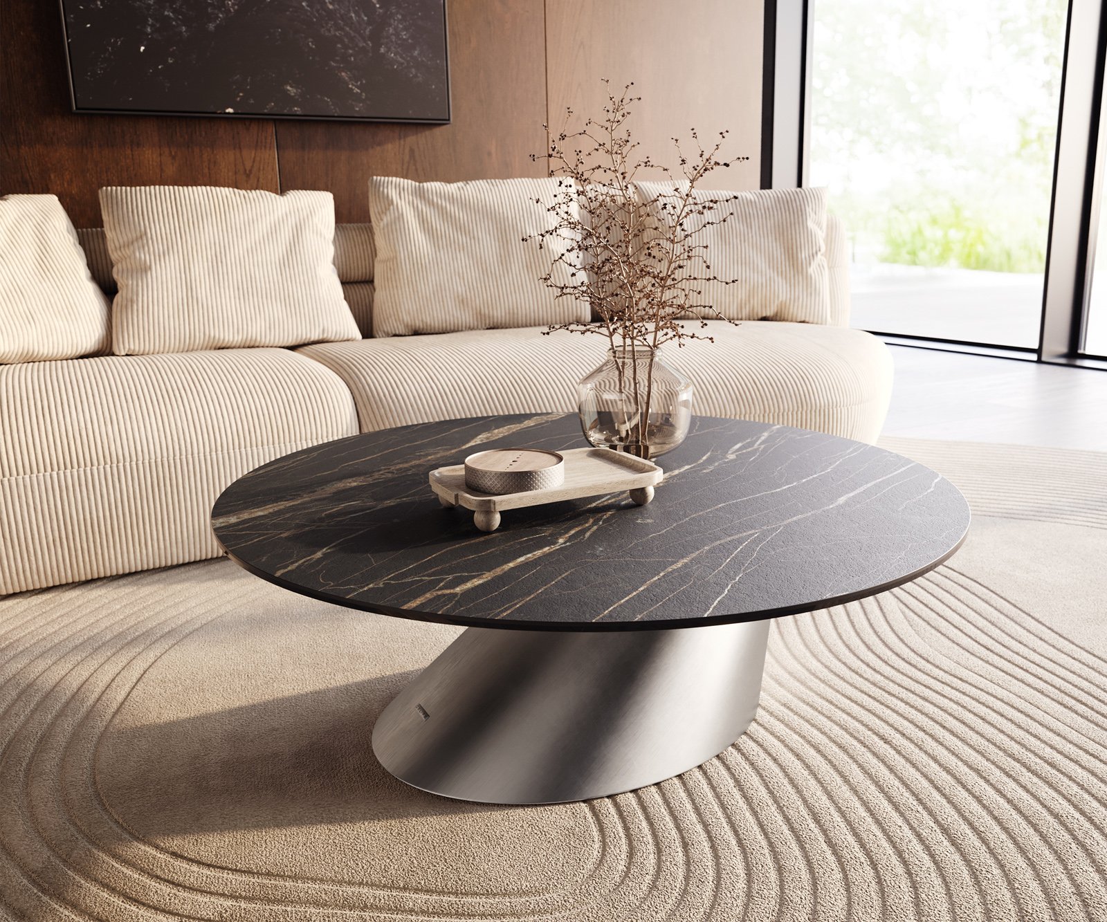 Konferenční stolek Edge kulatý 100x100 cm keramika Laminam® Noir Desir hnědá Conis nerezová ocel broušená