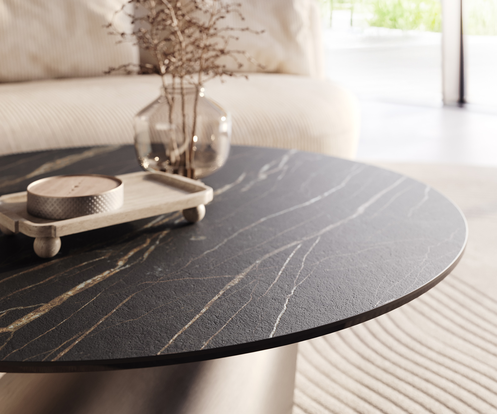 Konferenční stolek Edge kulatý 100x100 cm keramika Laminam® Noir Desir hnědá Conis nerezová ocel broušená - Obrázek 4