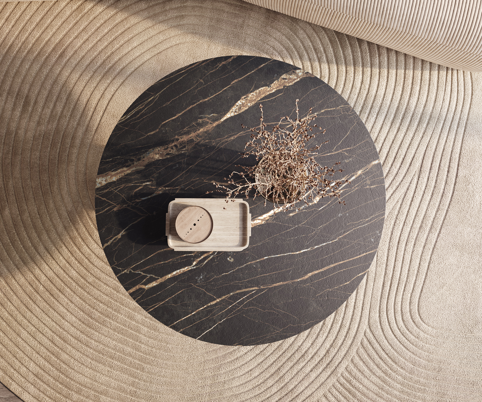 Konferenční stolek Edge kulatý 100x100 cm keramika Laminam® Noir Desir hnědá Conis nerezová ocel broušená - Obrázek 2