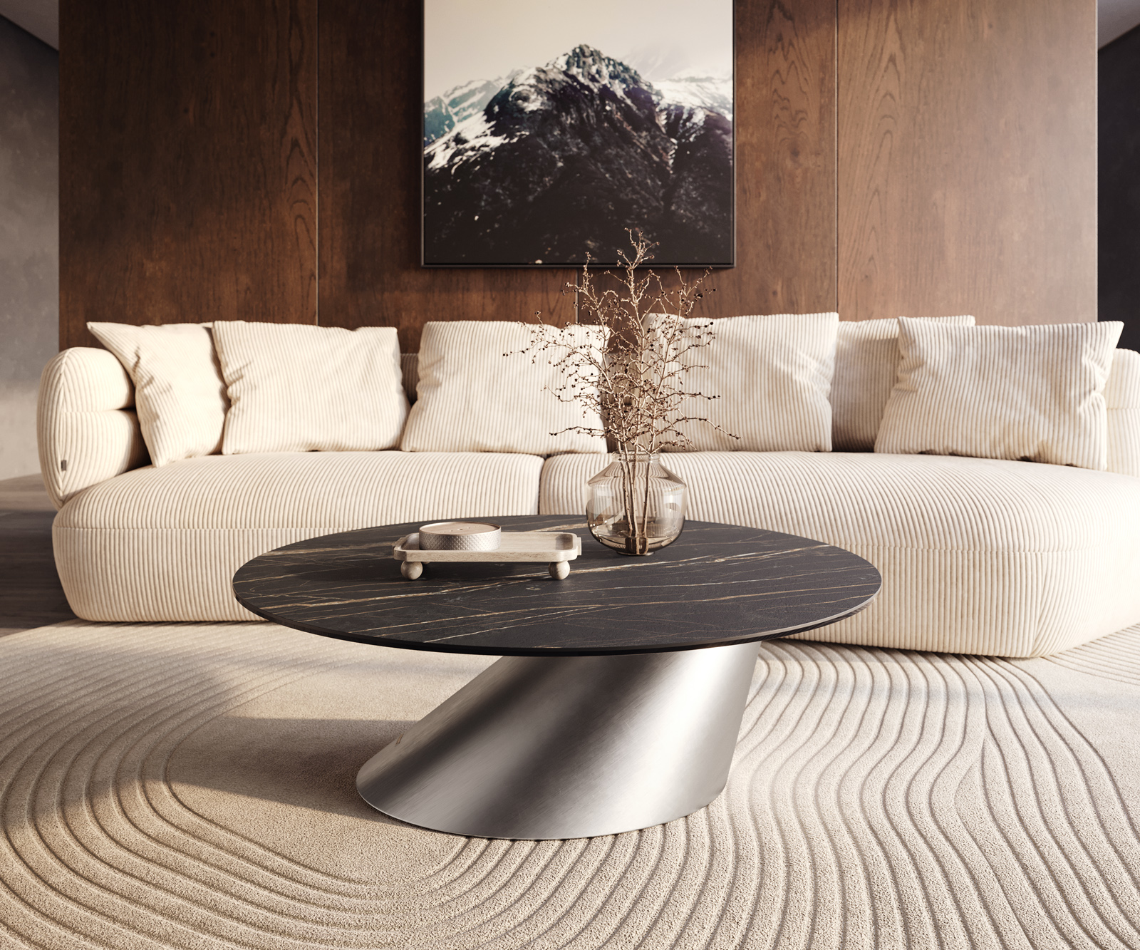 Konferenční stolek Edge kulatý 100x100 cm keramika Laminam® Noir Desir hnědá Conis nerezová ocel broušená - Obrázek 6