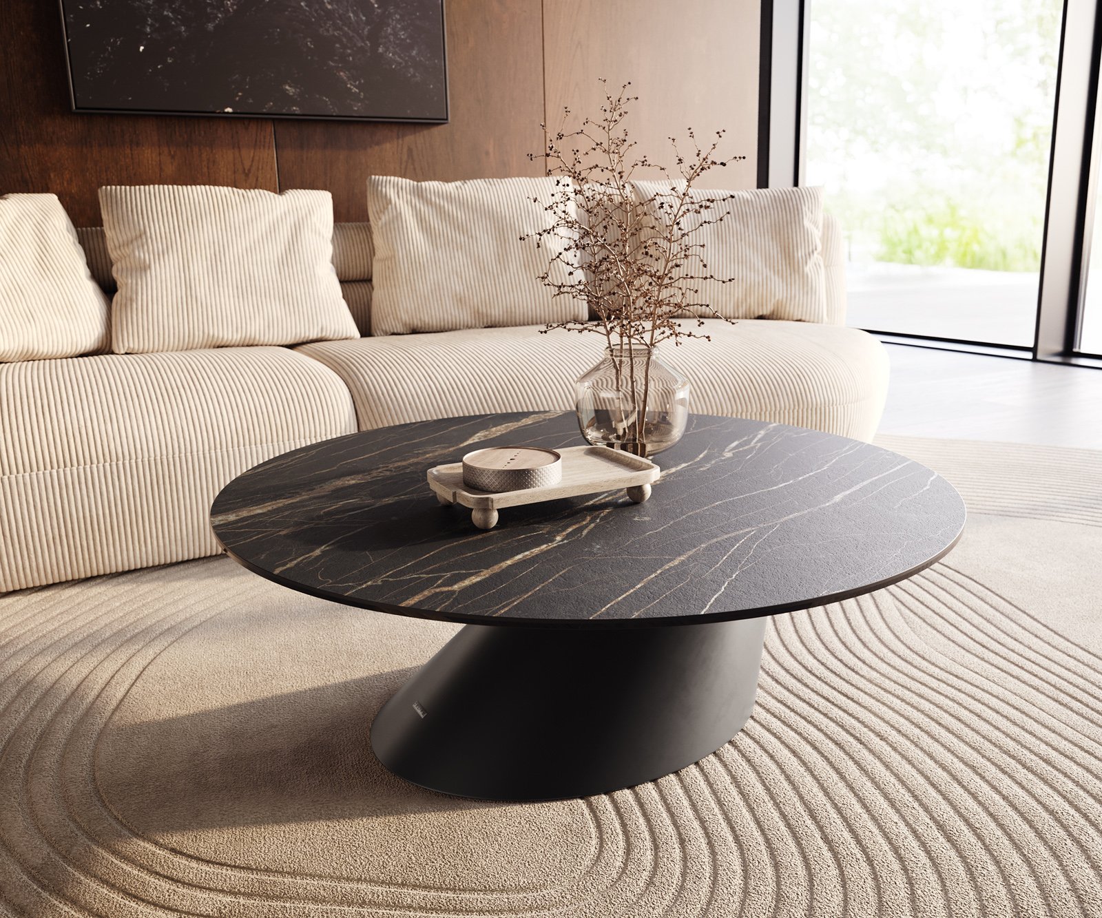 Konferenční stolek Edge kulatý 100x100 cm keramika Laminam® Noir Desir hnědá Conis kov černá