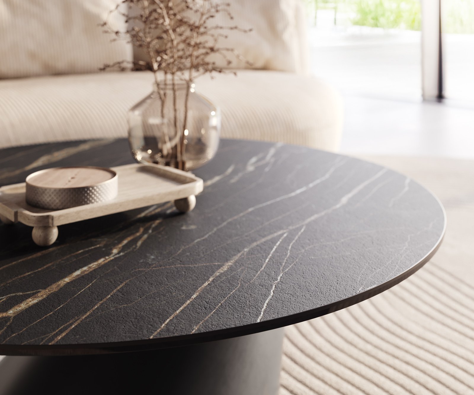 Konferenční stolek Edge kulatý 100x100 cm keramika Laminam® Noir Desir hnědá Conis kov černá - Obrázek 4