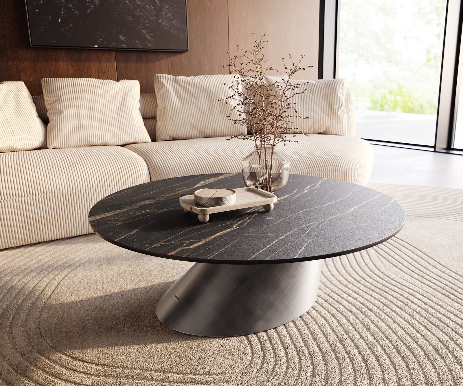 Konferenční stolek Edge kulatý 100x100 cm keramika Laminam® Noir Desir hnědá Conis Metallic stříbrná