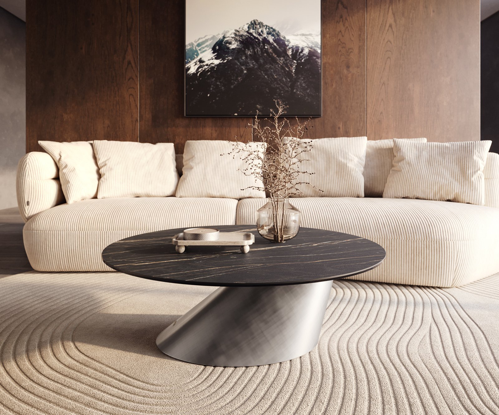 Konferenční stolek Edge kulatý 100x100 cm keramika Laminam® Noir Desir hnědá Conis Metallic stříbrná - Obrázek 6