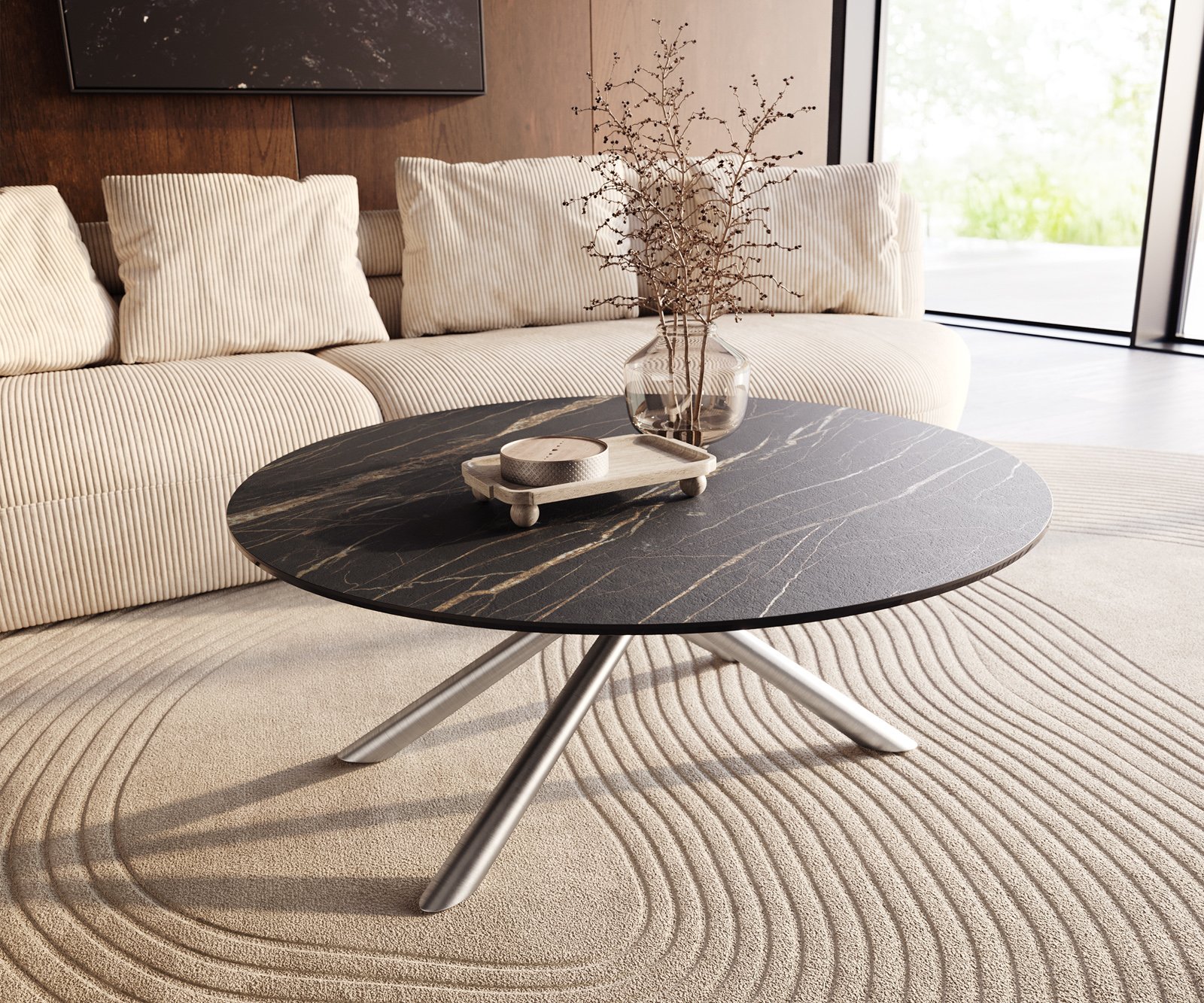 Konferenční stolek Edge kulatý 100x100 cm keramika Laminam® Noir Desir hnědá Sarity nerezová ocel broušená