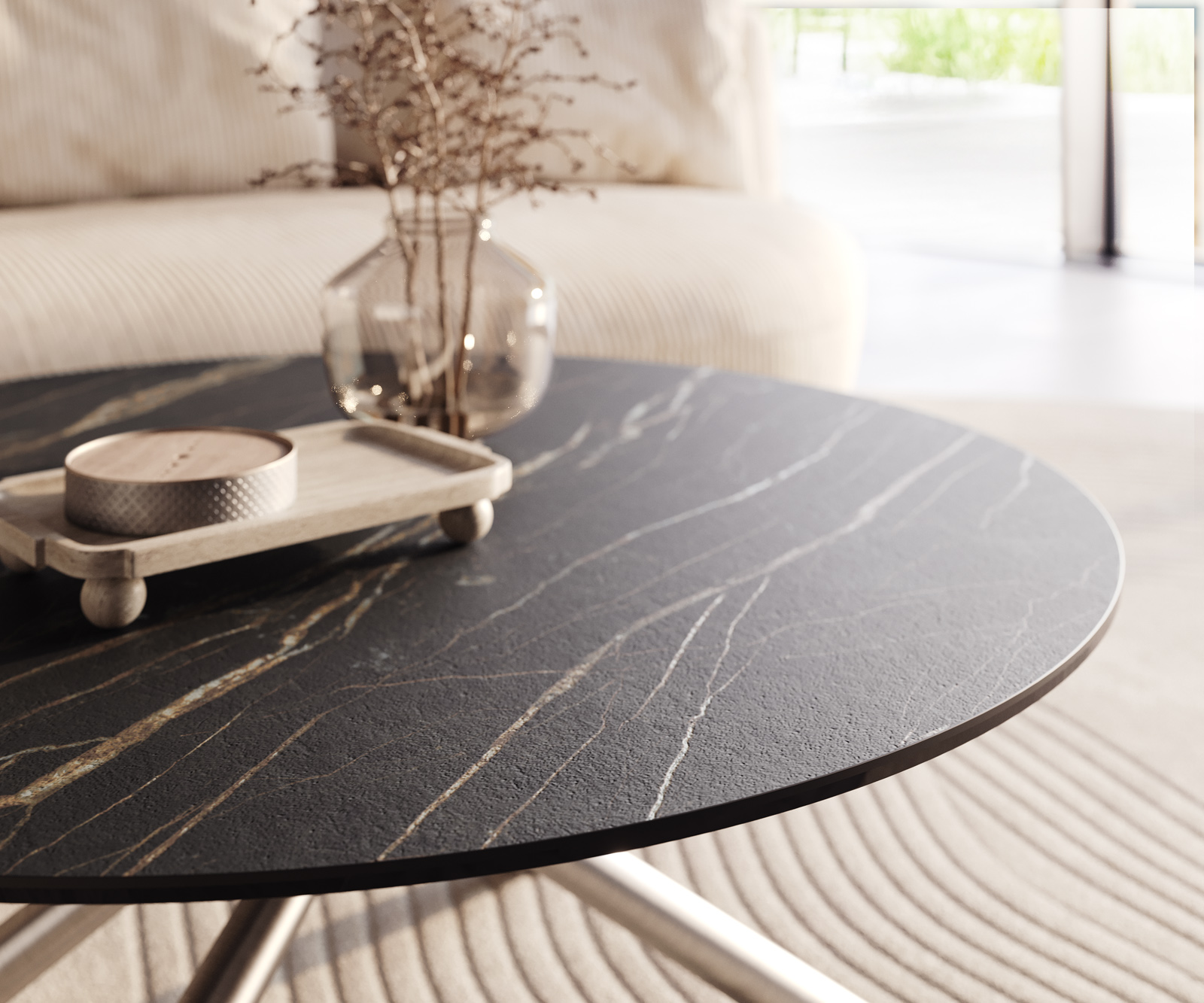 Konferenční stolek Edge kulatý 100x100 cm keramika Laminam® Noir Desir hnědá Sarity nerezová ocel broušená - Obrázek 4