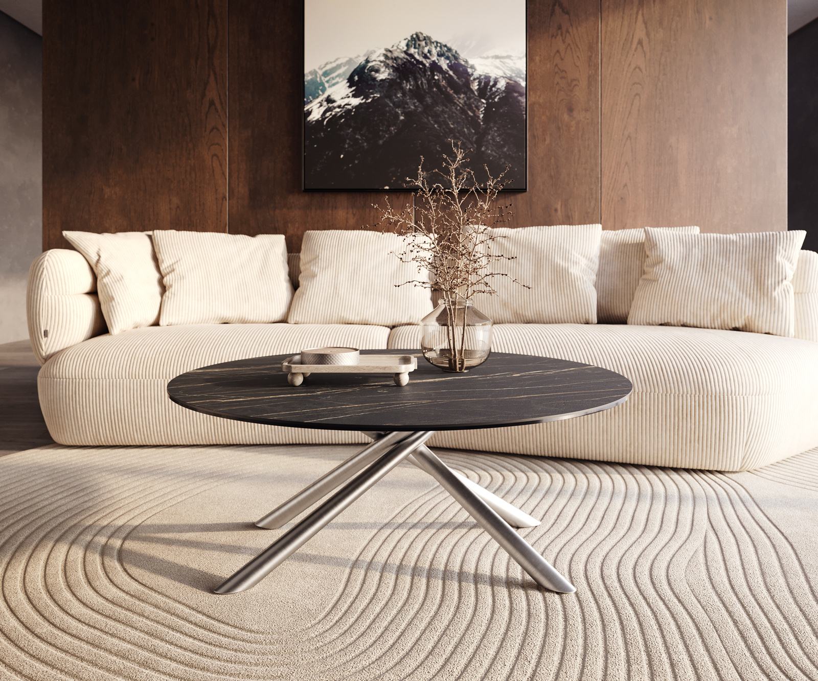 Konferenční stolek Edge kulatý 100x100 cm keramika Laminam® Noir Desir hnědá Sarity nerezová ocel broušená - Obrázek 6