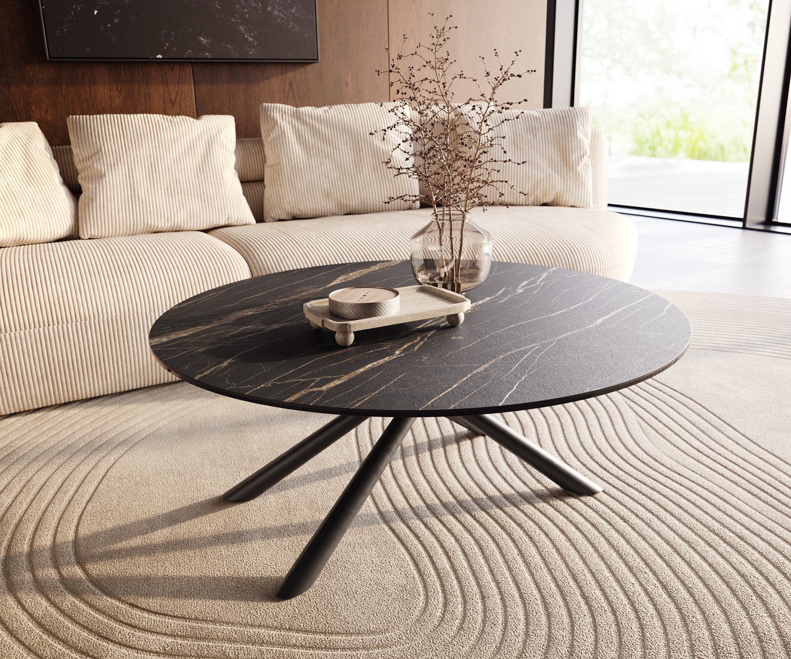 Konferenční stolek Edge kulatý 100x100 cm keramika Laminam® Noir Desir hnědá Sarity kov černá