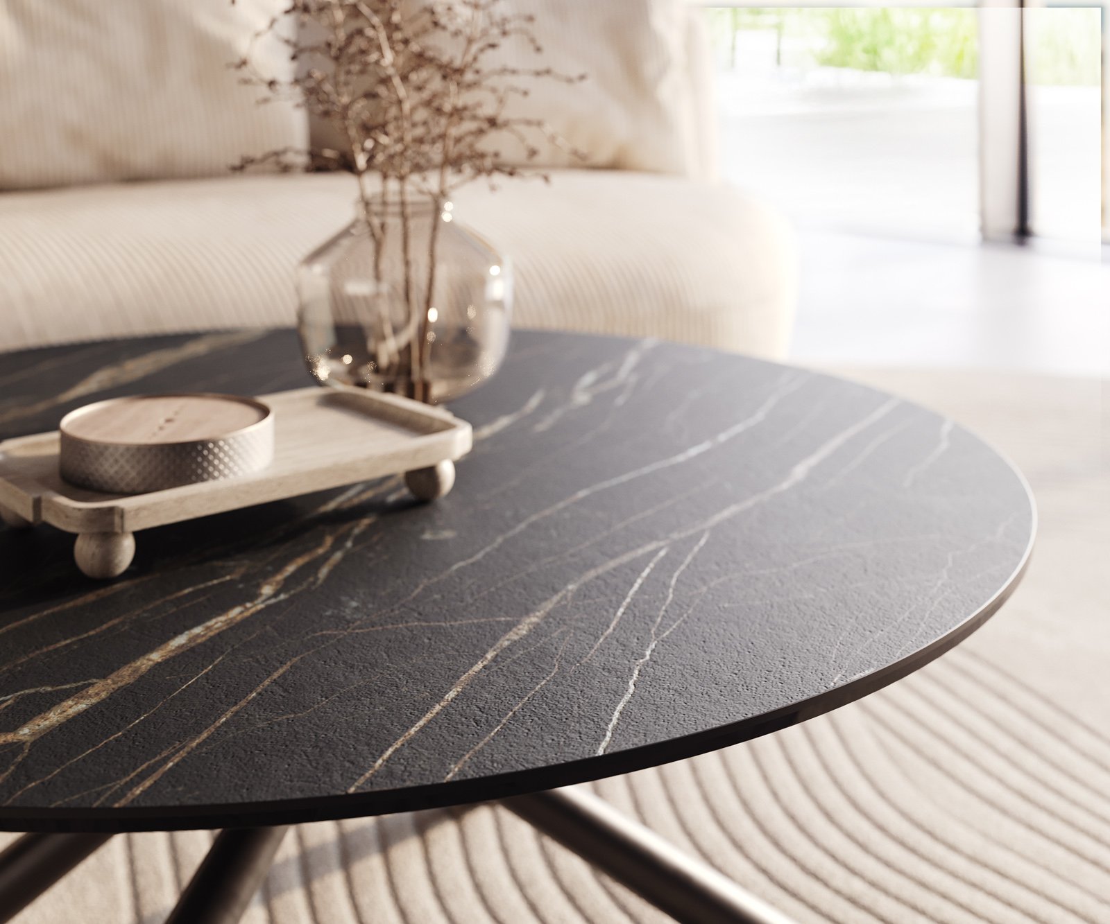 Konferenční stolek Edge kulatý 100x100 cm keramika Laminam® Noir Desir hnědá Sarity kov černá - Obrázek 4