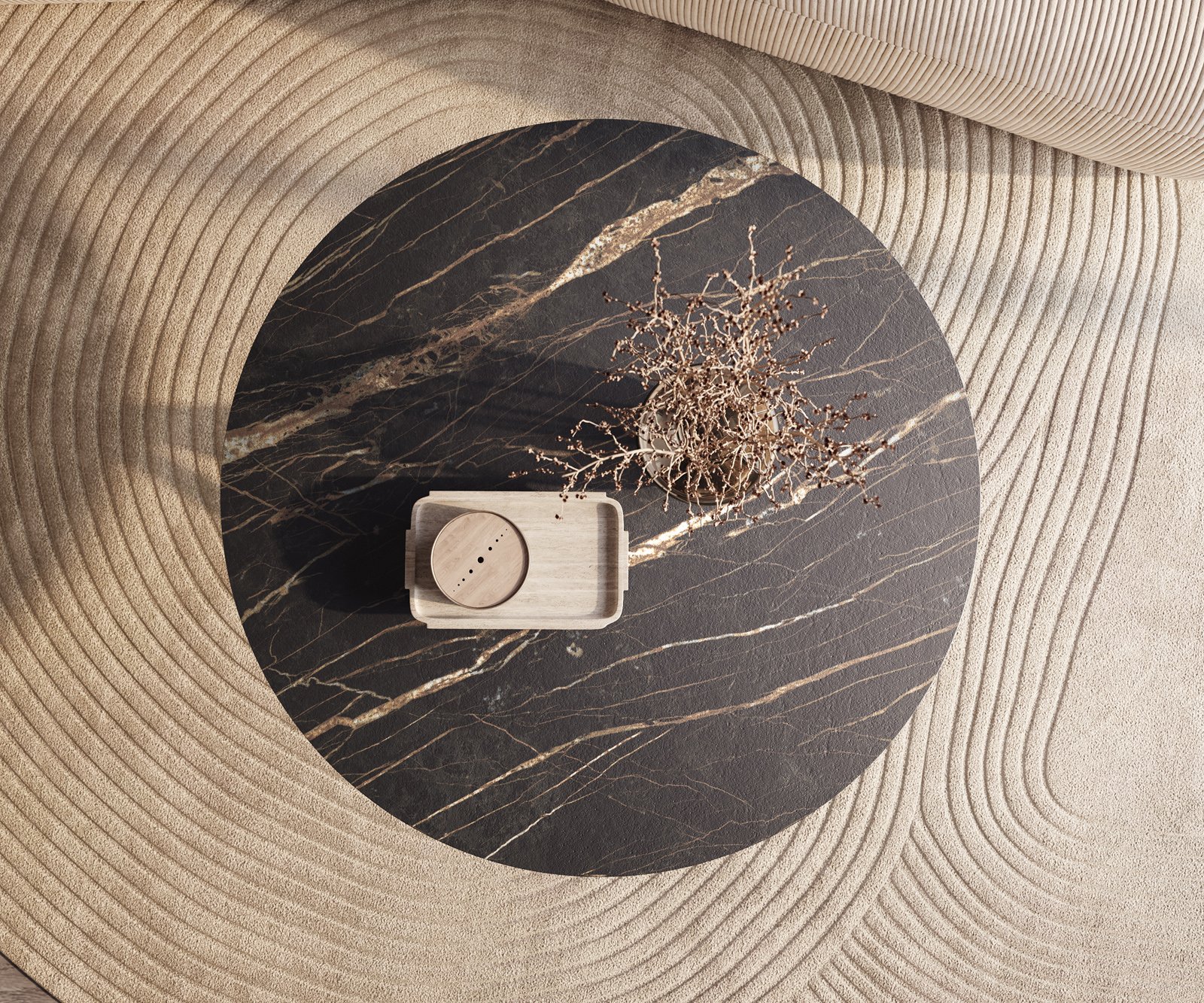 Konferenční stolek Edge kulatý 100x100 cm keramika Laminam® Noir Desir hnědá Sarity kov černá - Obrázek 2