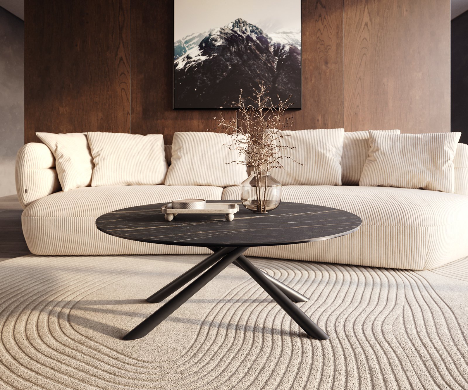 Konferenční stolek Edge kulatý 100x100 cm keramika Laminam® Noir Desir hnědá Sarity kov černá - Obrázek 6