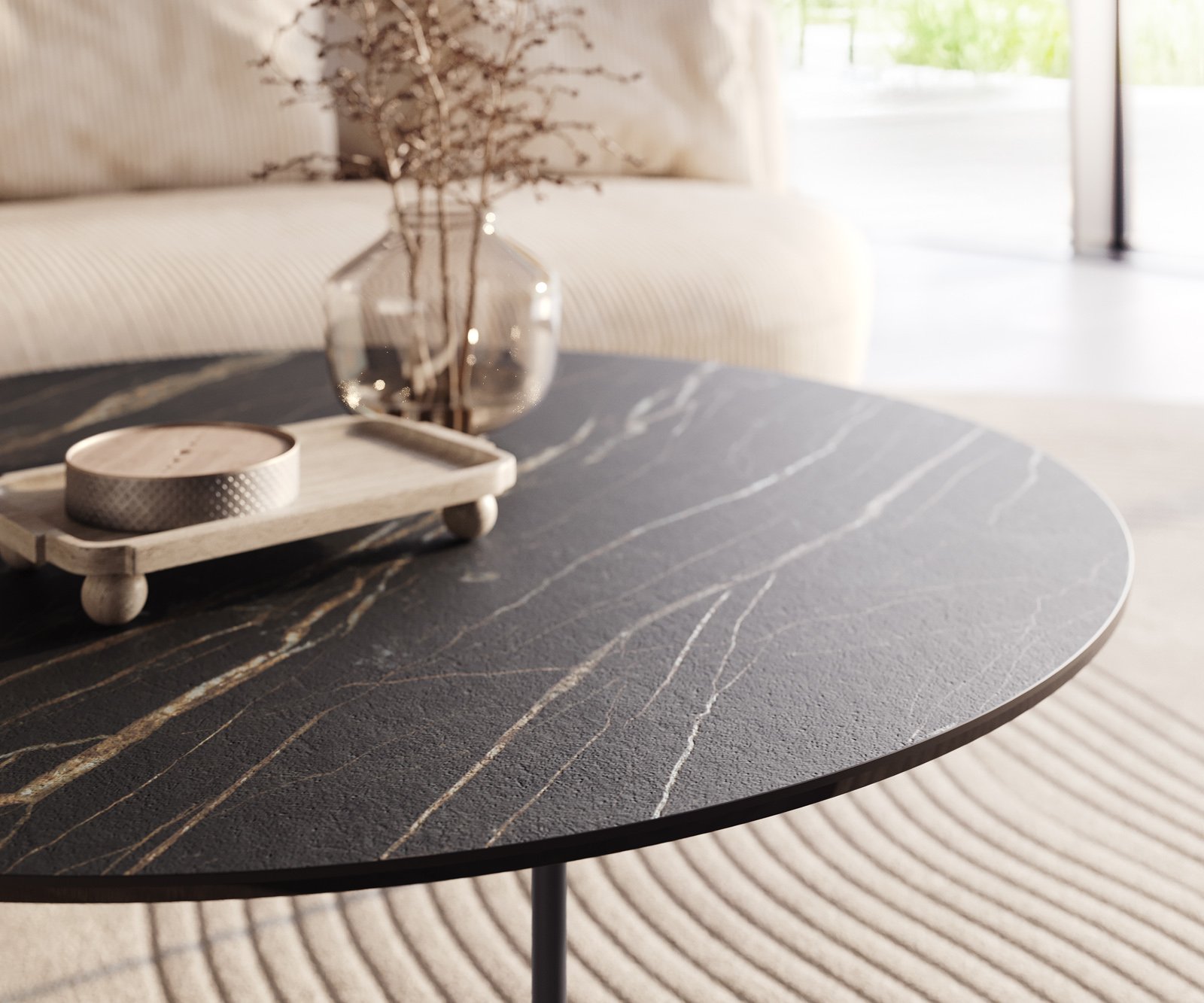 Konferenční stolek Edge kulatý 100x100 cm keramika Laminam® Noir Desir hnědá Trive kov černá - Obrázek 4