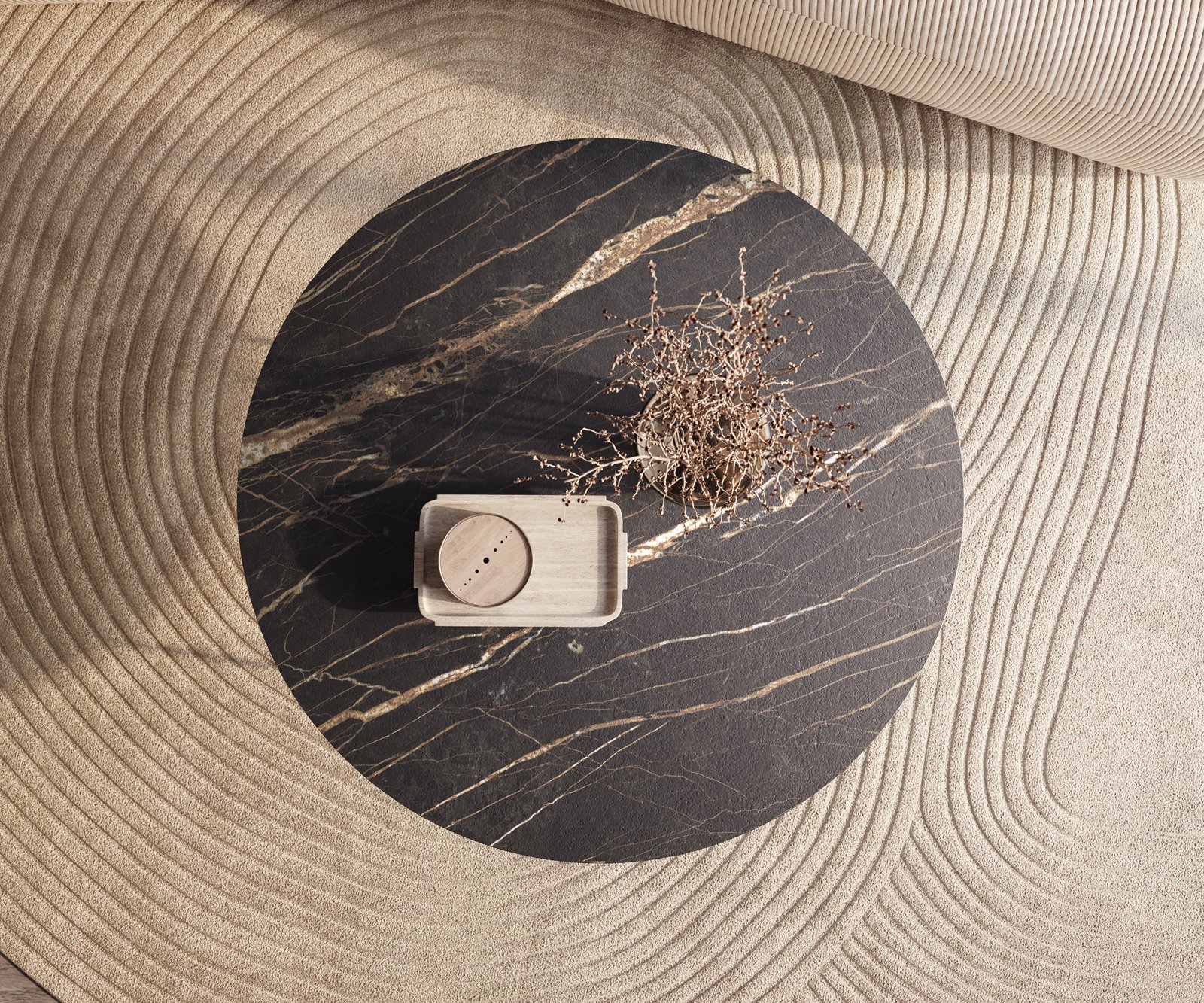 Konferenční stolek Edge kulatý 100x100 cm keramika Laminam® Noir Desir hnědá Trive kov černá - Obrázek 2
