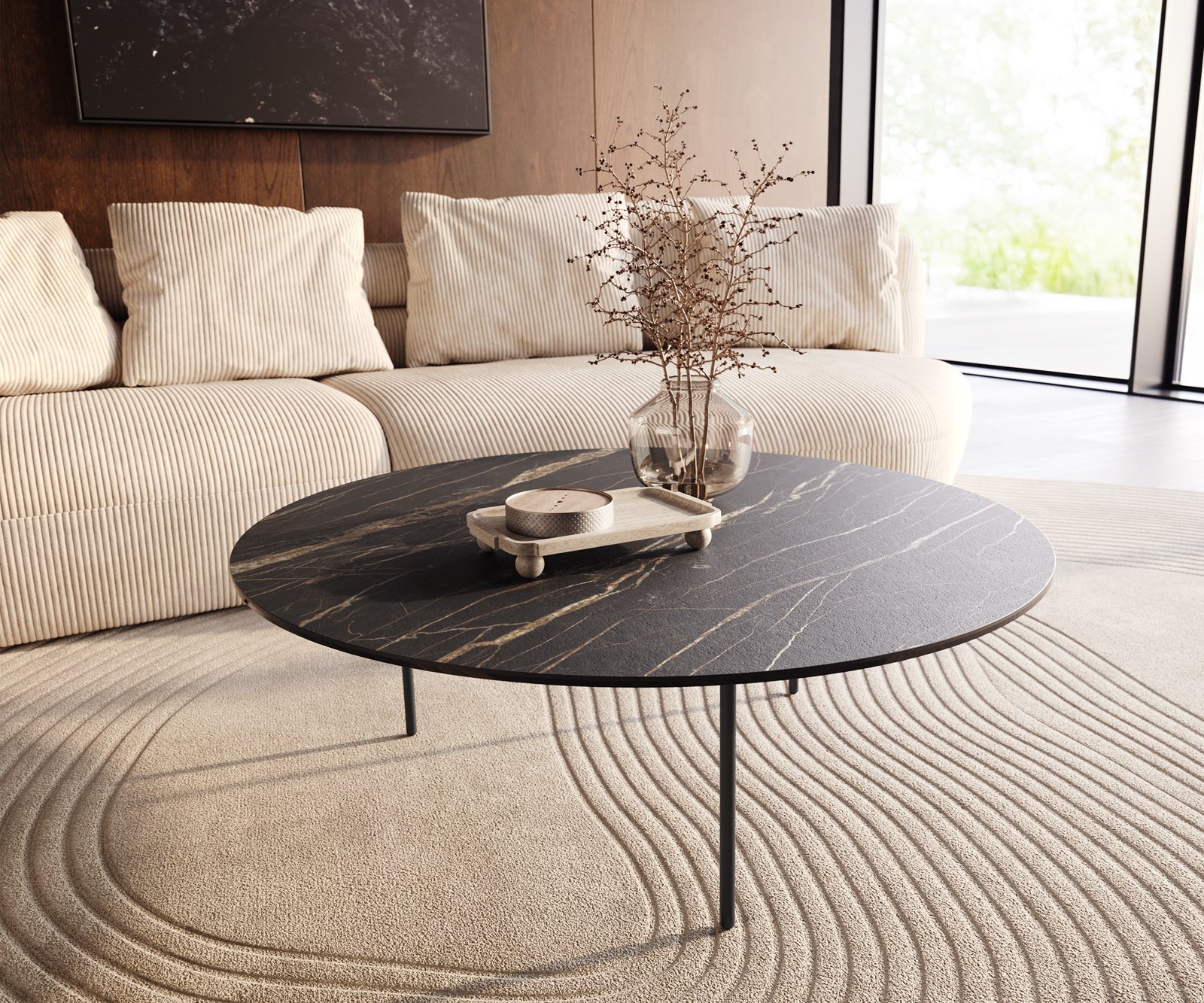 Konferenční stolek Edge kulatý 100x100 cm keramika Laminam® Noir Desir hnědá Trive kov černá
