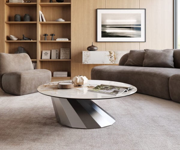 Konferenční stolek Edge kulatý 100x100 cm keramika Minas Melange Parabi nerezová ocel broušená - Obrázek 2