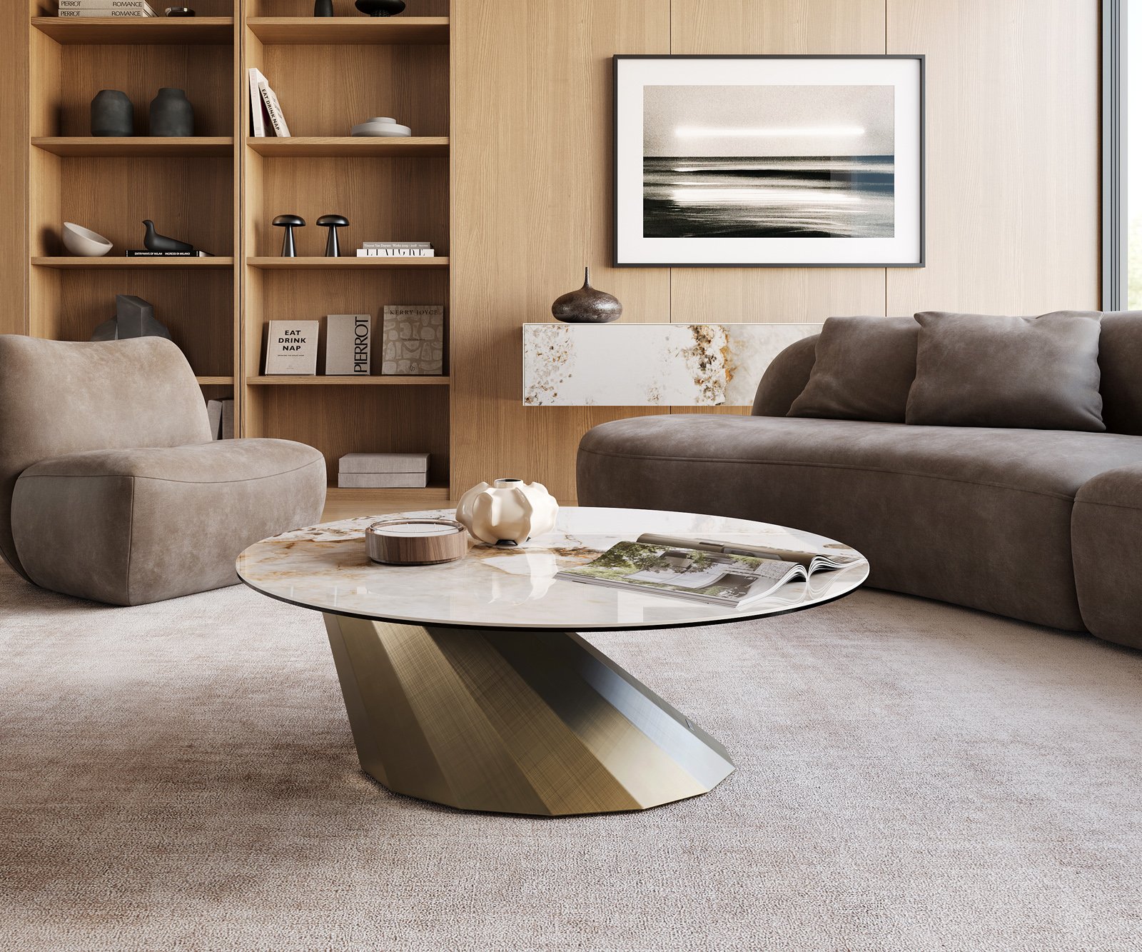 Konferenční stolek Edge kulatý 100x100 cm keramika Minas Melange Parabi kov zlatá - Obrázek 2
