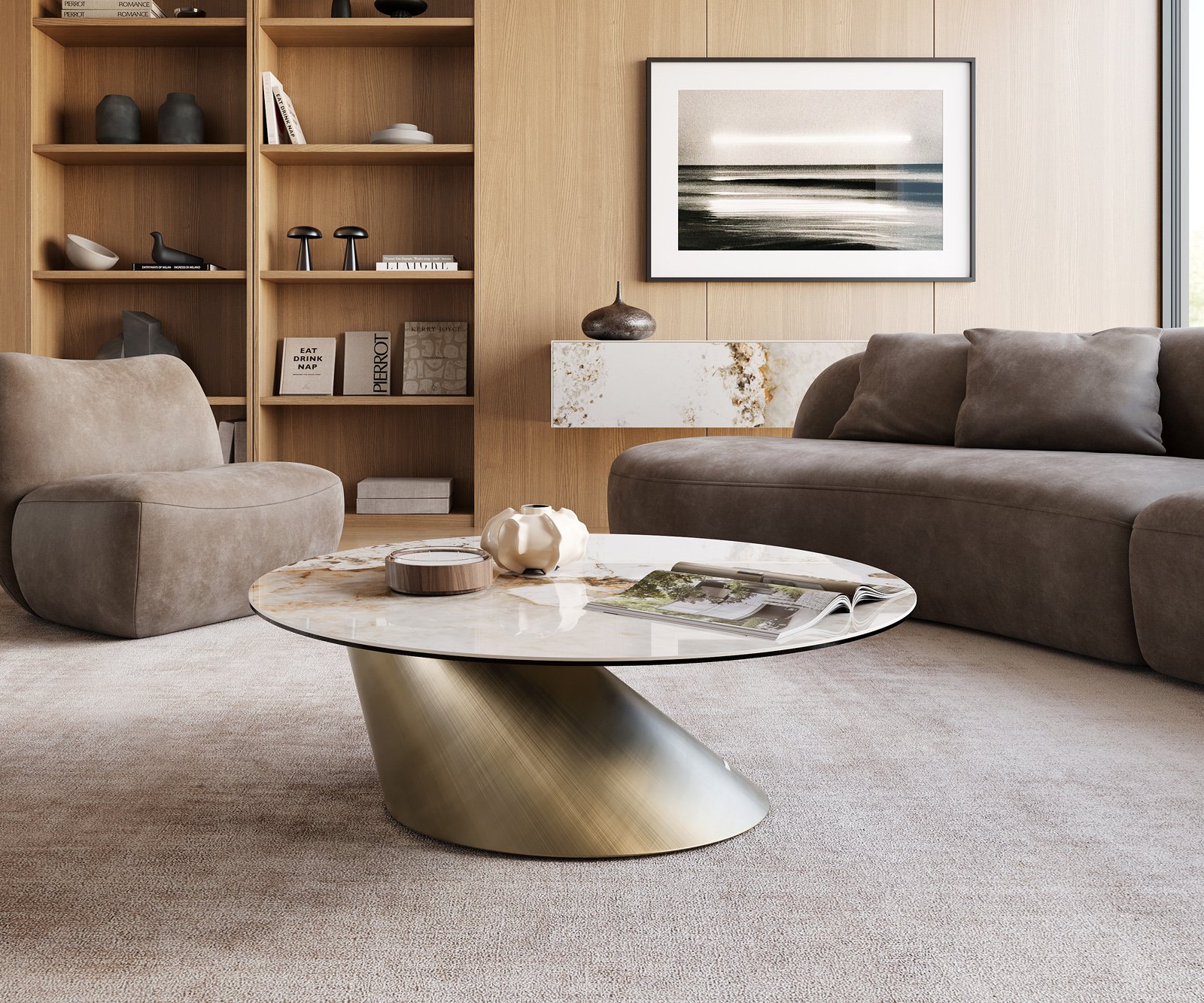 Konferenční stolek Edge kulatý 100x100 cm keramika Minas Melange Conis metalická zlatá - Obrázek 2