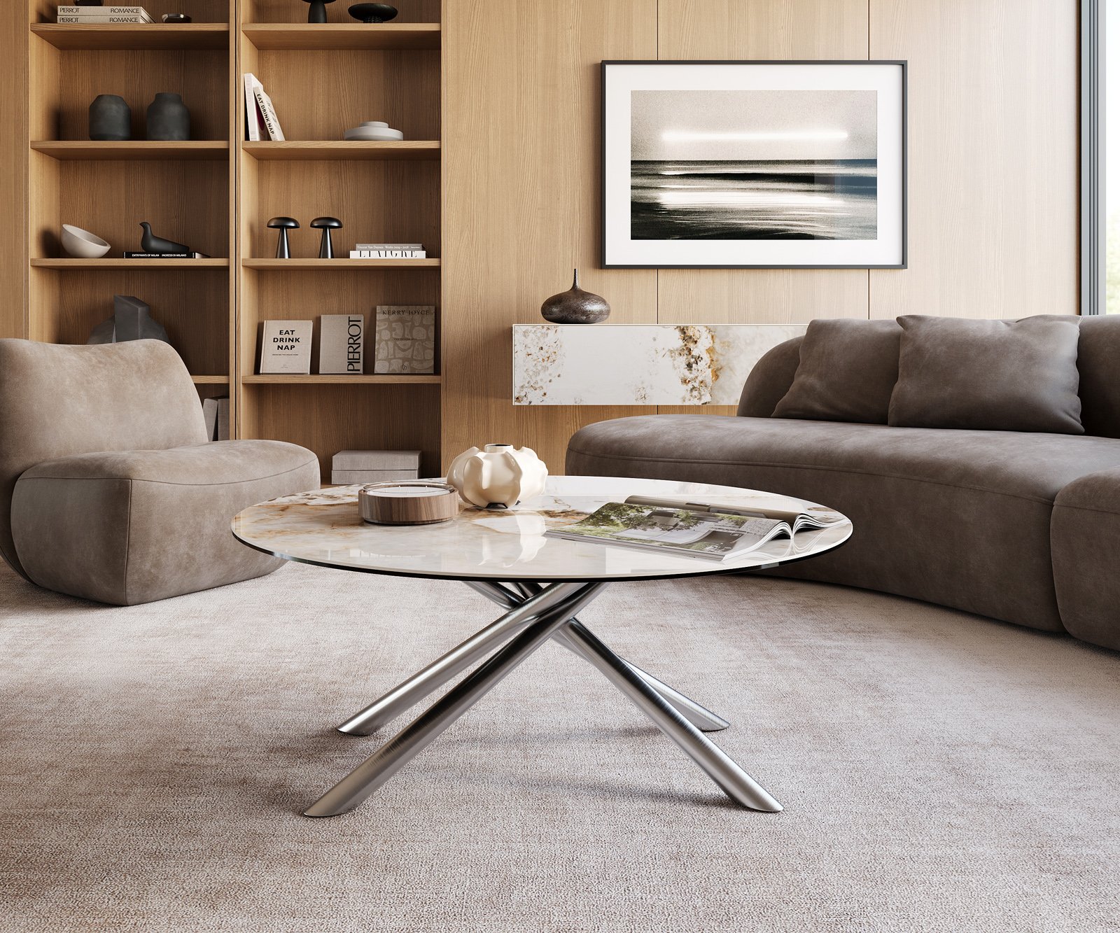 Konferenční stolek Edge kulatý 100x100 cm keramika Minas Melange Sarity nerezová ocel broušená - Obrázek 2