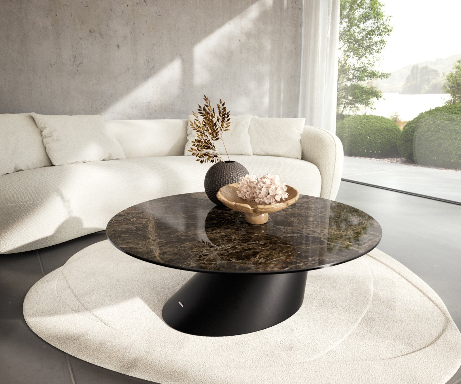 Konferenční stolek Edge kulatý 100x100 cm keramika Laminam® Emperador Extra Lucidato tmavě hnědá Conis kov černá