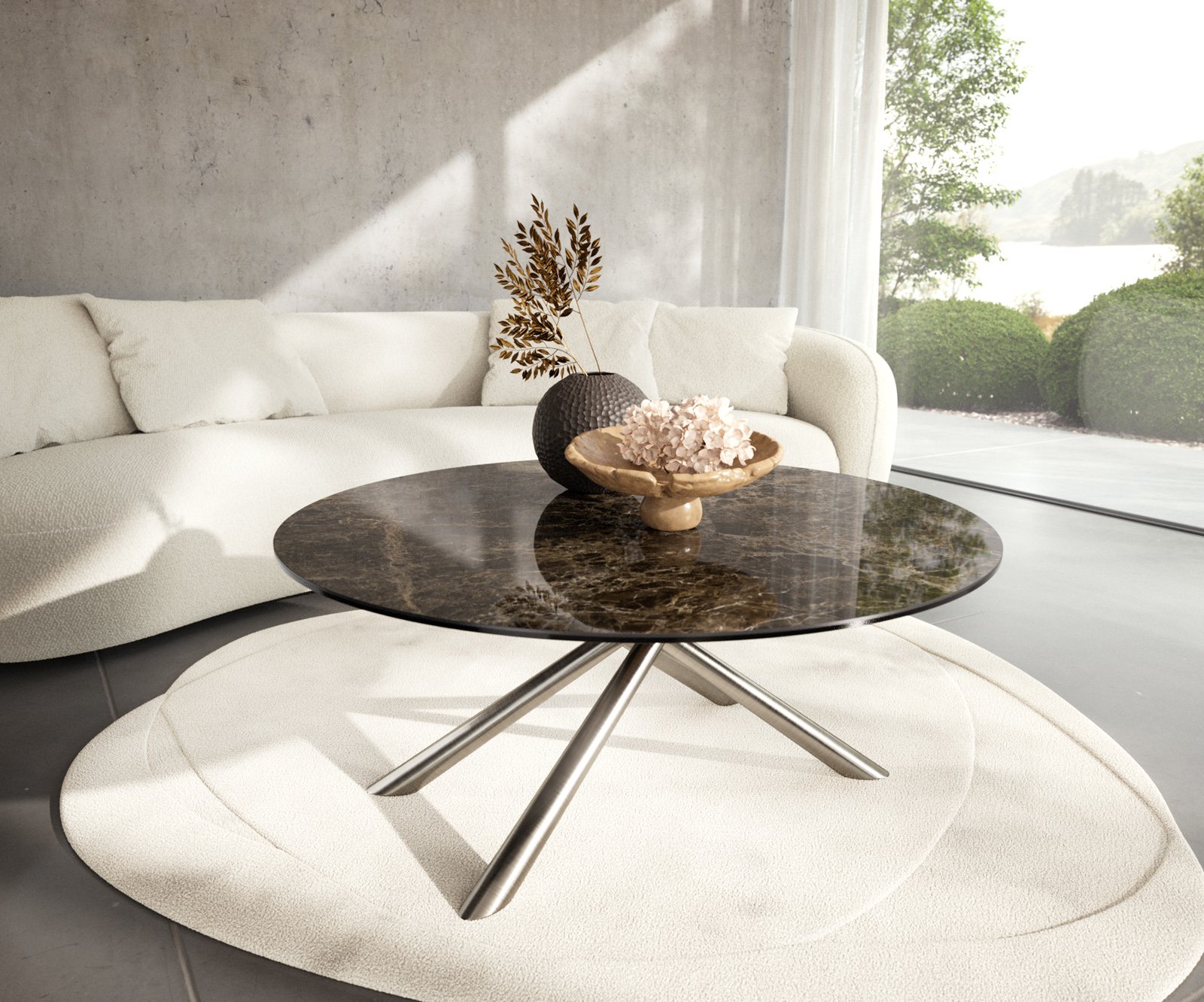 Konferenční stolek Edge kulatý 100x100 cm keramika Laminam® Emperador Extra Lucidato tmavě hnědá Sarity nerezová ocel broušená