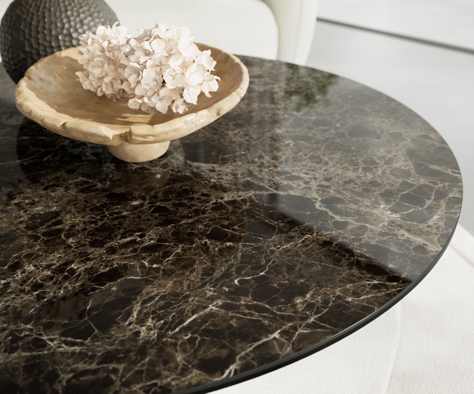 Konferenční stolek Edge kulatý 100x100 cm keramika Laminam® Emperador Extra Lucidato tmavě hnědá Sarity nerezová ocel broušená - Obrázek 6